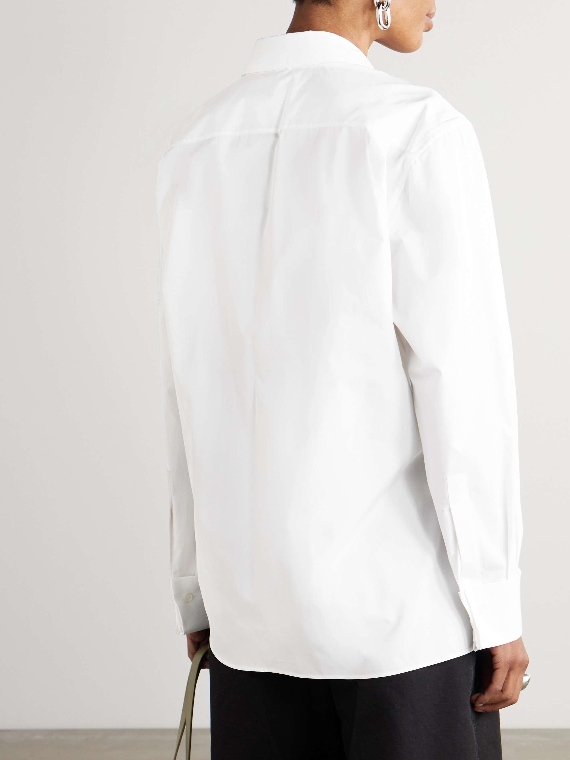 Wrap-effect leather-trimmed cotton-poplin shirt view