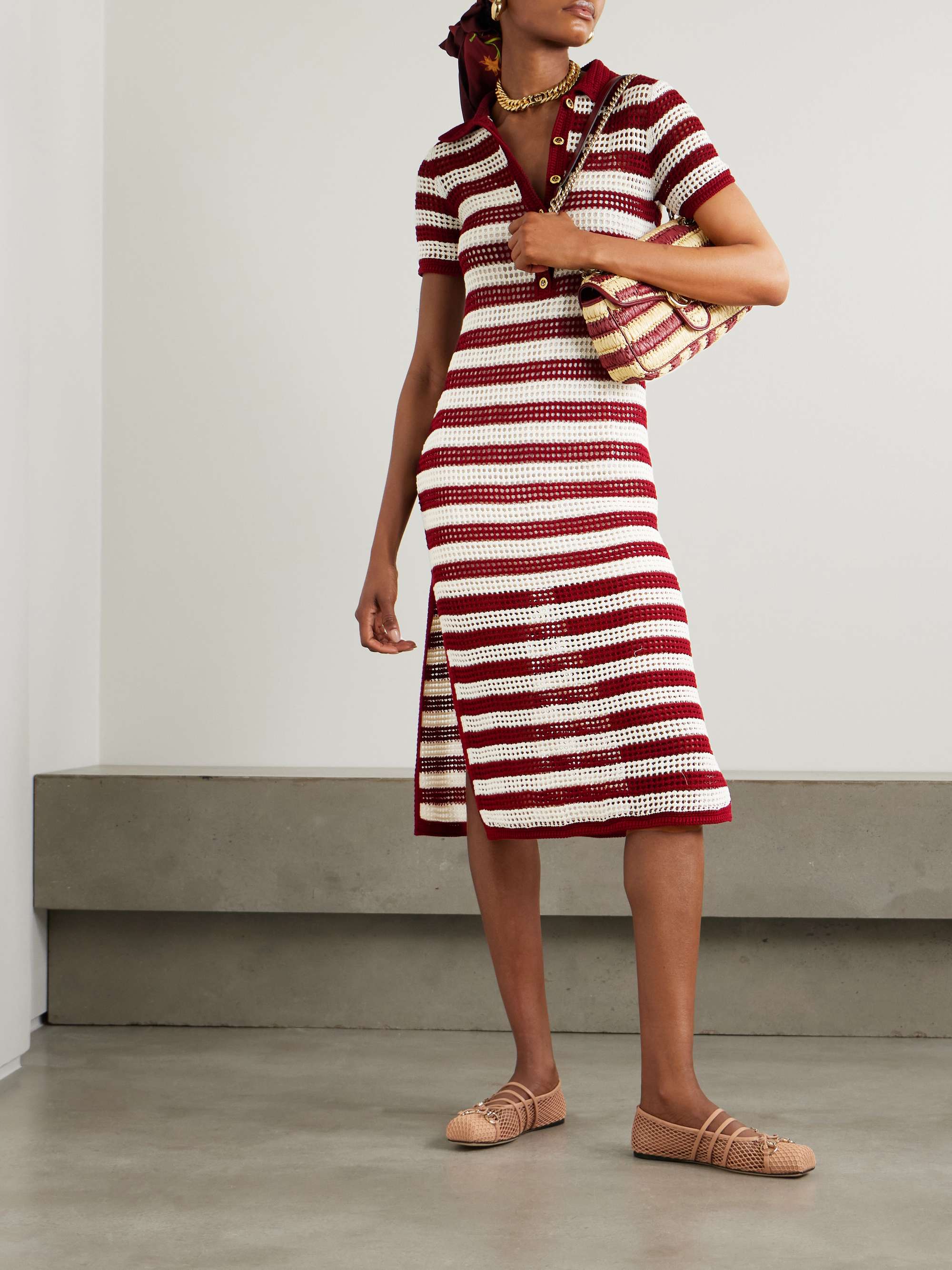 Striped crocheted cotton midi dress view