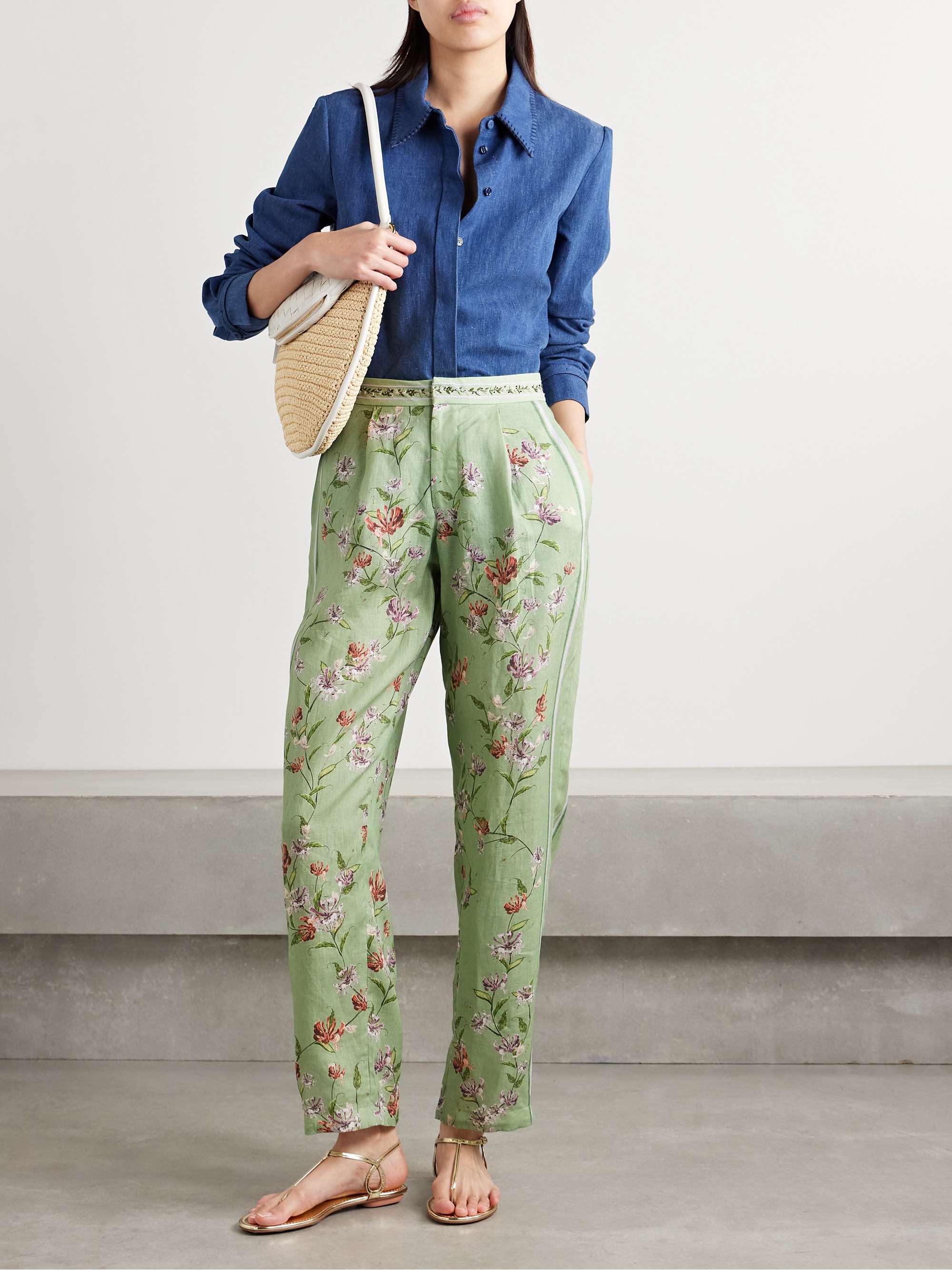 Florecer Honeysuckle pleated embroidered floral-print linen tapered pants view