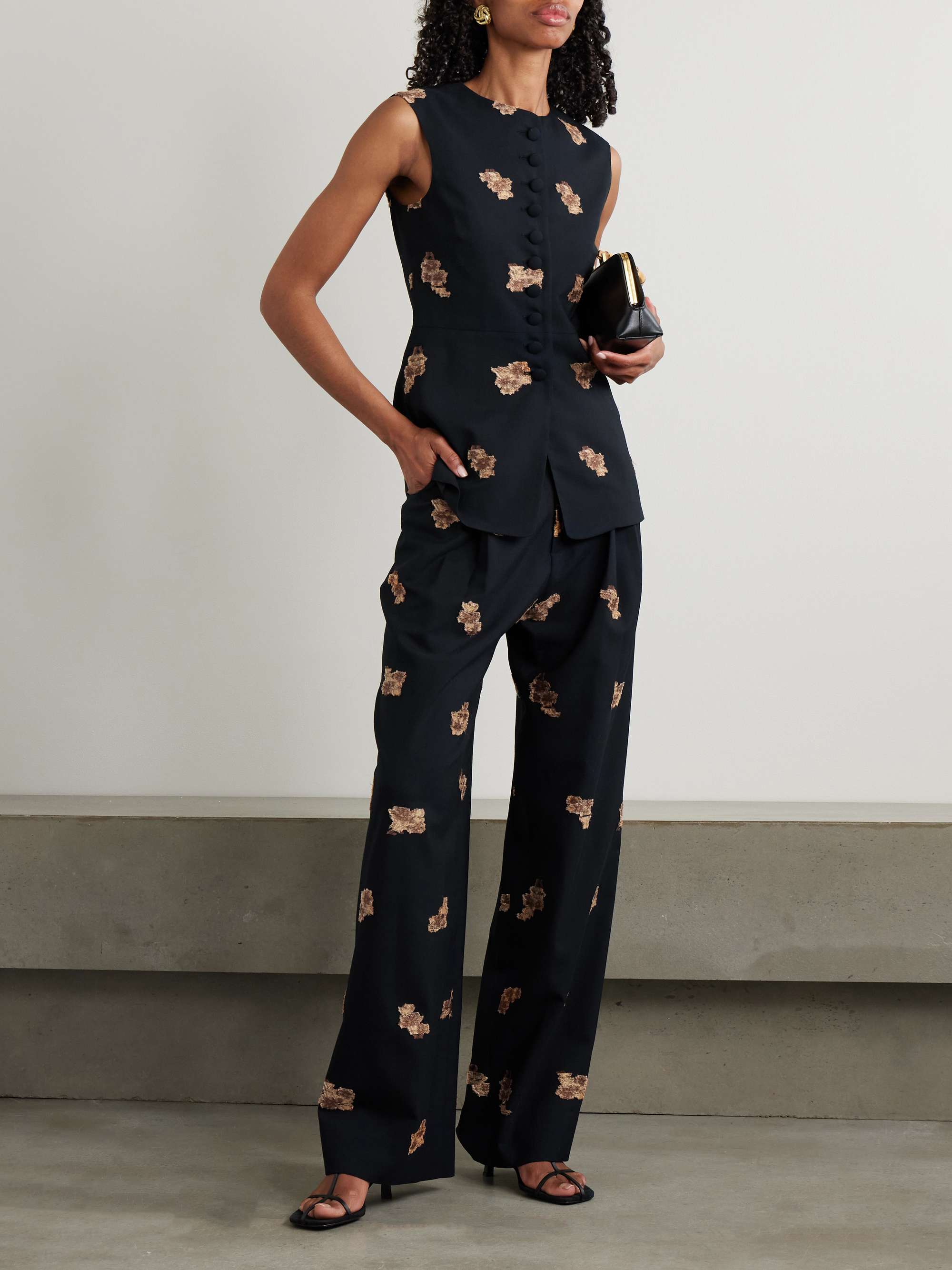 Annie pleated floral-jacquard metallic wool-blend wide-leg pants view