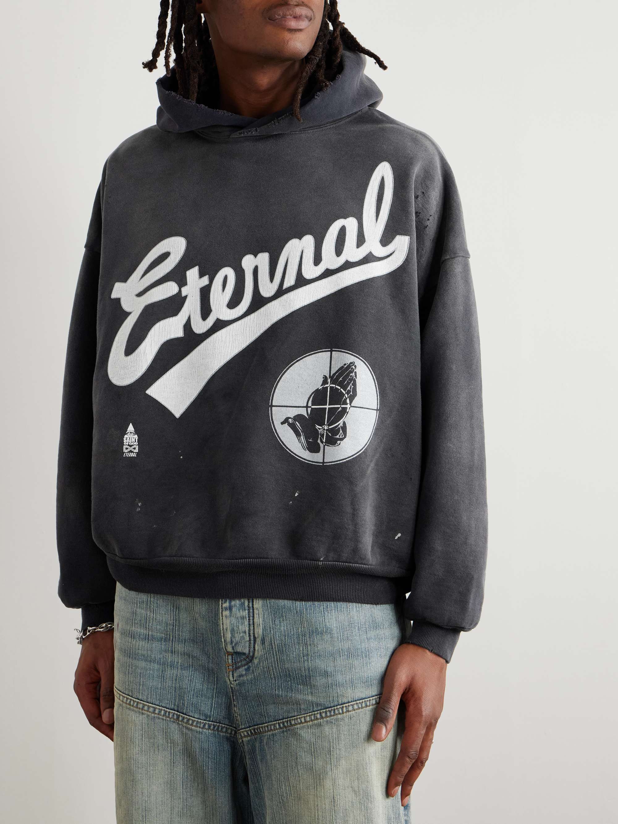 + Fear of God Distressed Logo-Print Cotton-Jersey Hoodie view