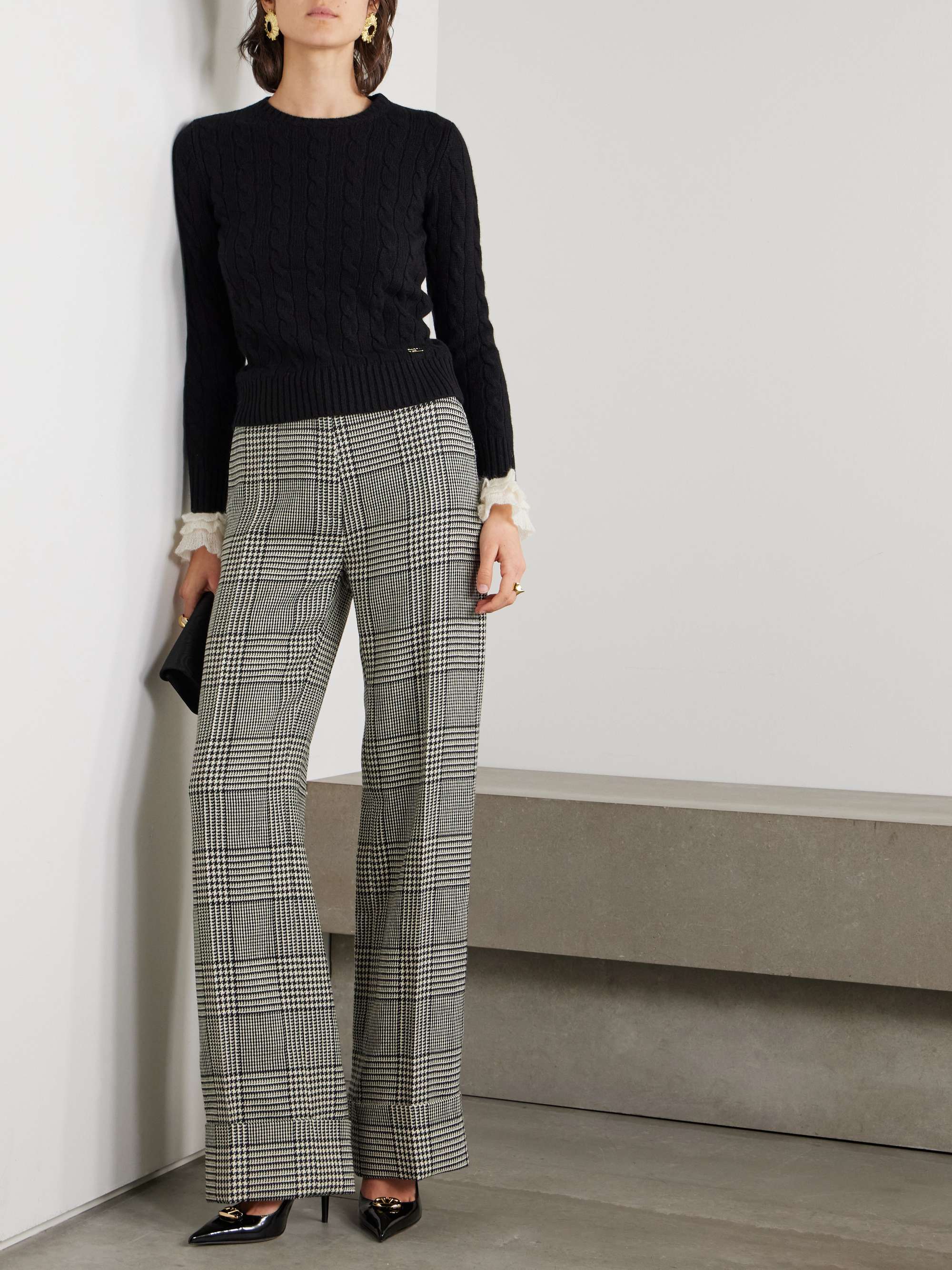 Ruffle-trimmed embellished cable-knit cashmere sweater view