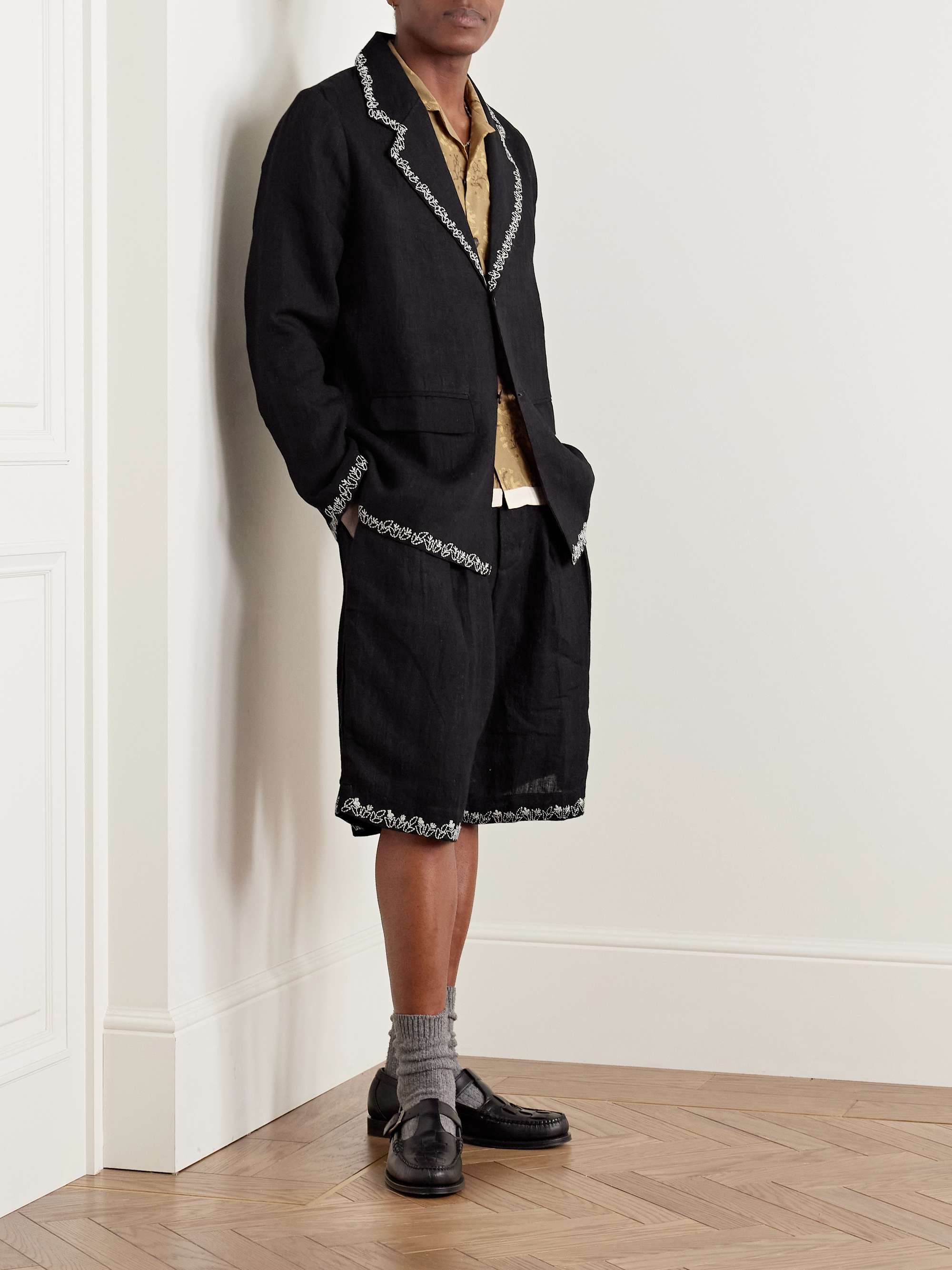 Straight-Leg Pleated Embroidered Linen Shorts view