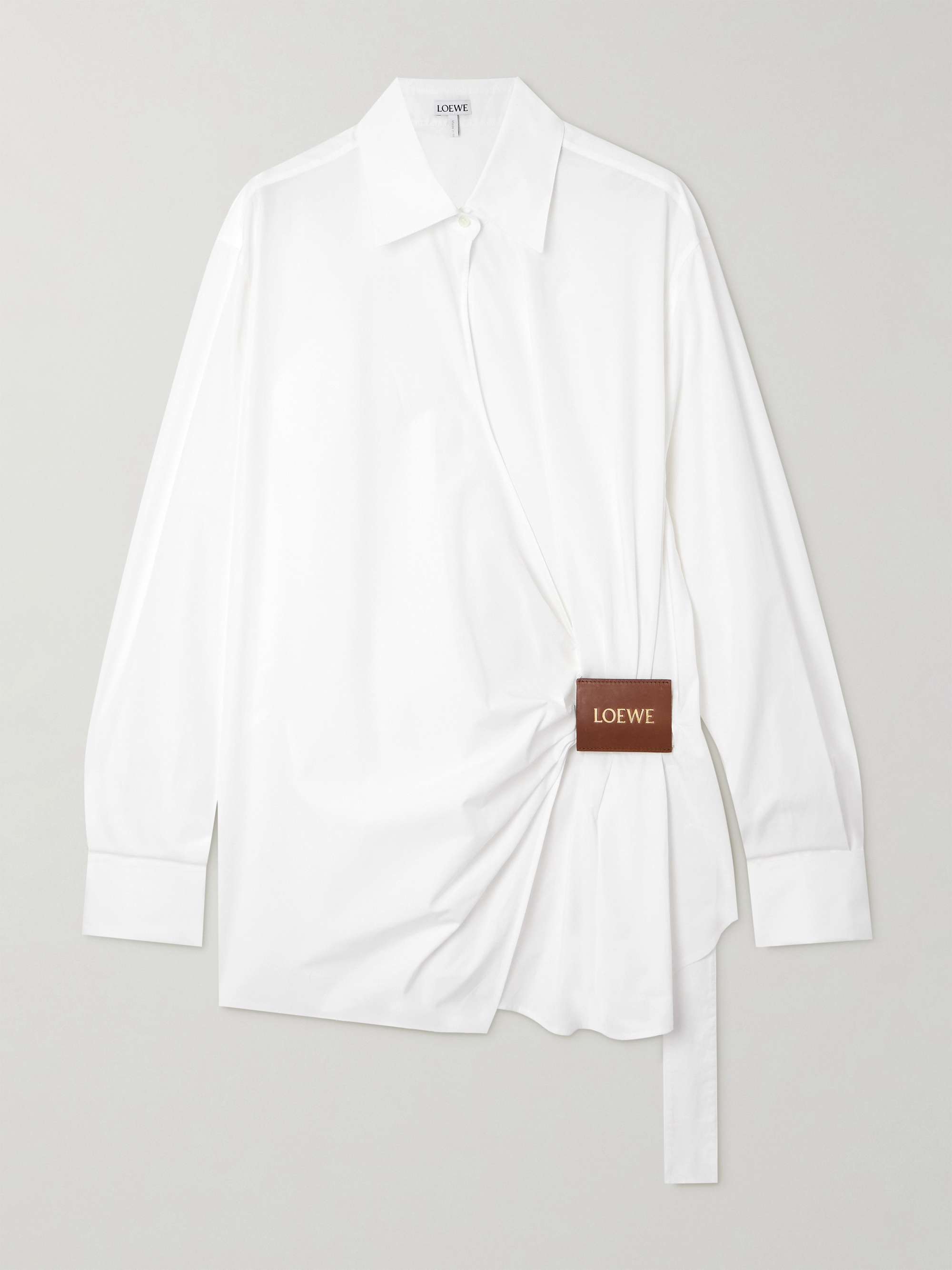 Wrap-effect leather-trimmed cotton-poplin shirt view