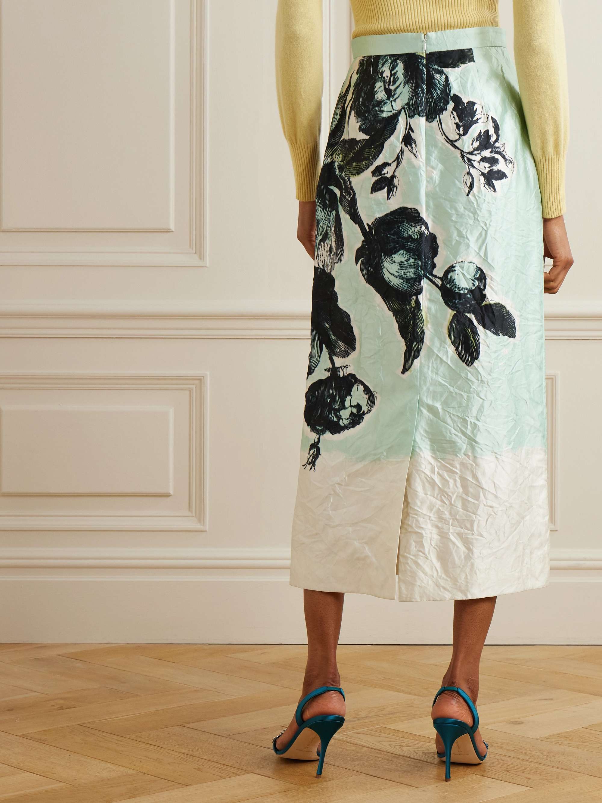 Violetta floral-print crinkled-satin midi skirt view