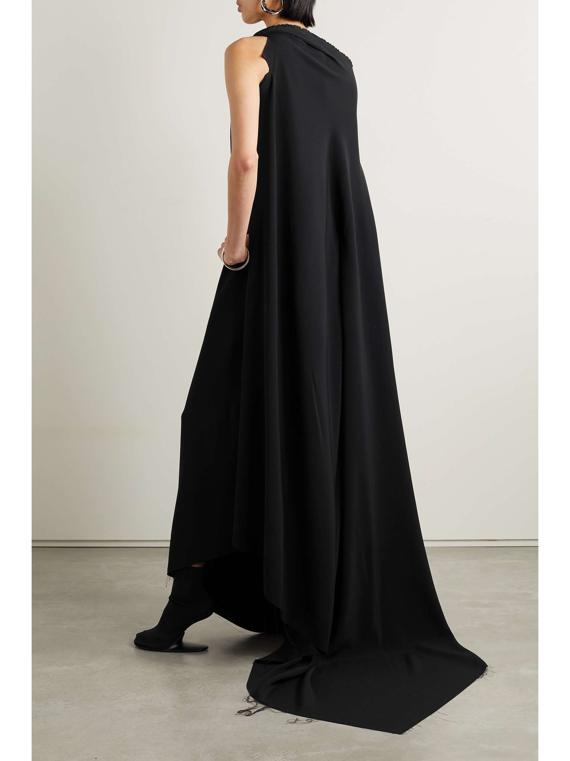 Asymmetric one-shoulder frayed draped crepe gown view