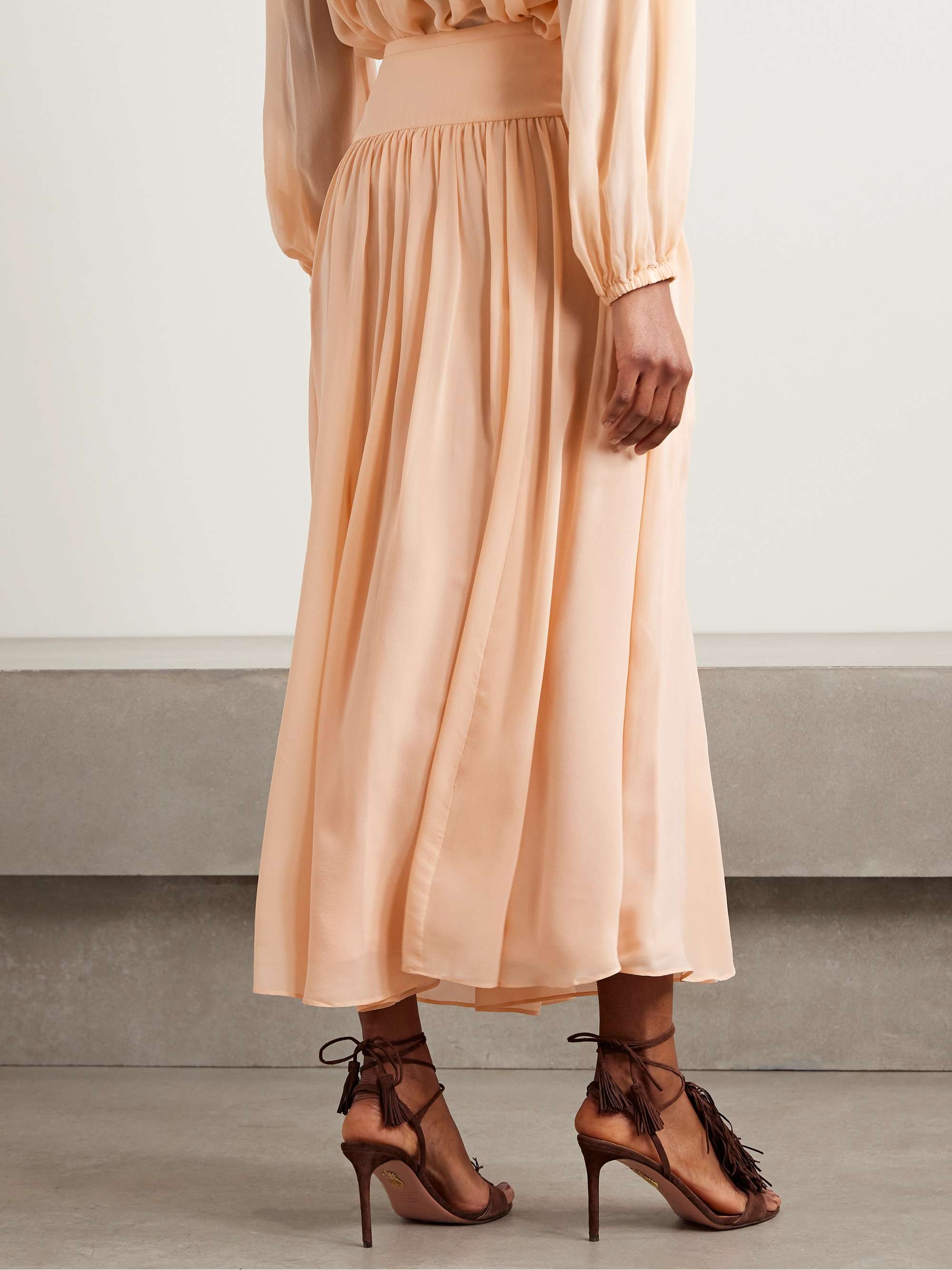 Reina gathered silk crepe de chine midi skirt view