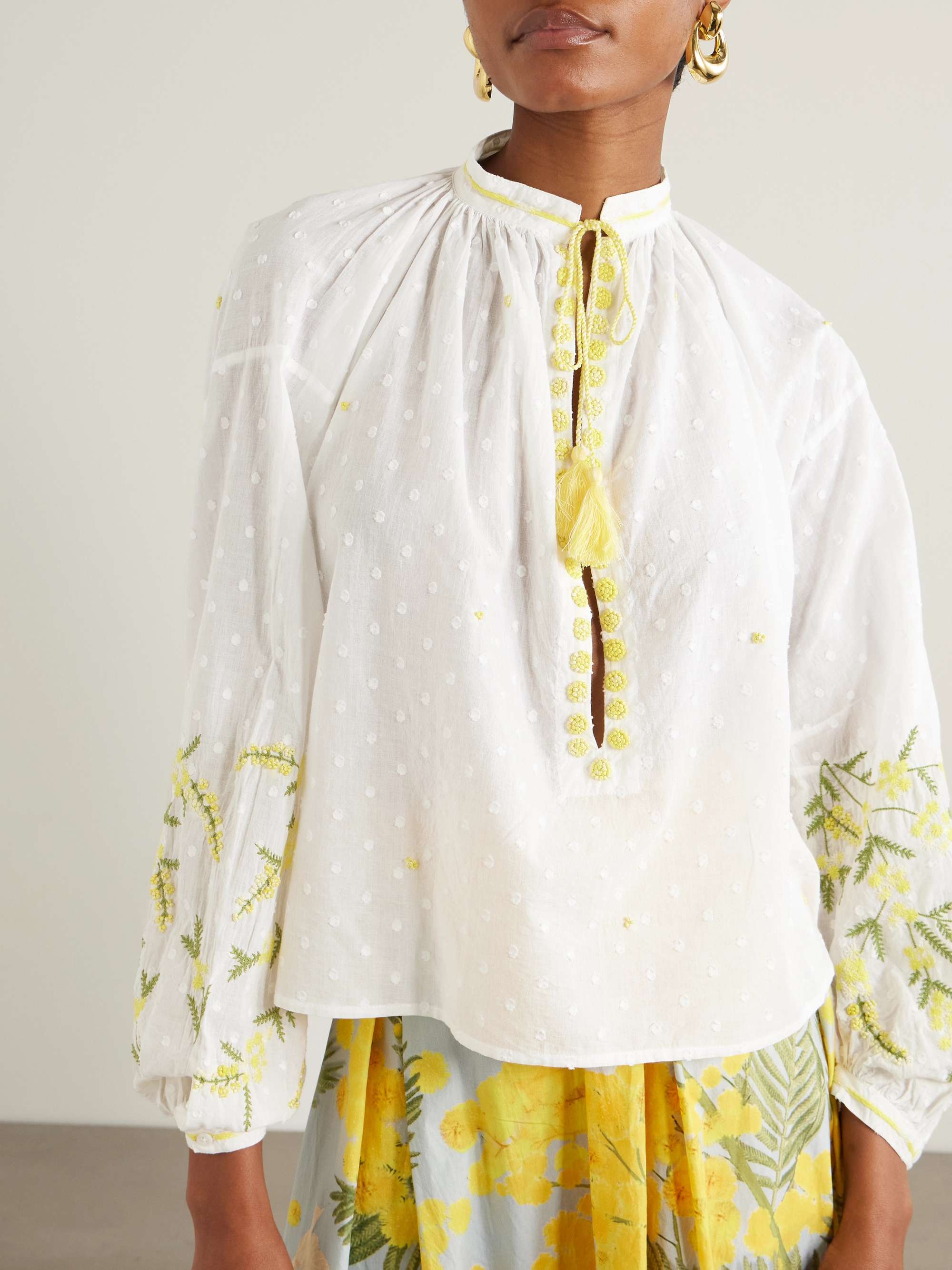 Tasseled embroidered point d'esprit cotton blouse view