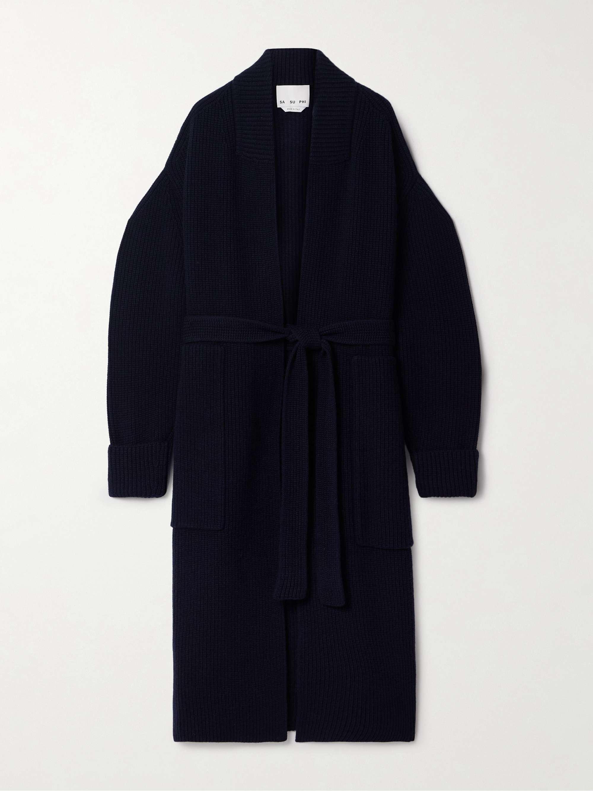 Belted ribbed merino wool and cashmere-blend cardigan view