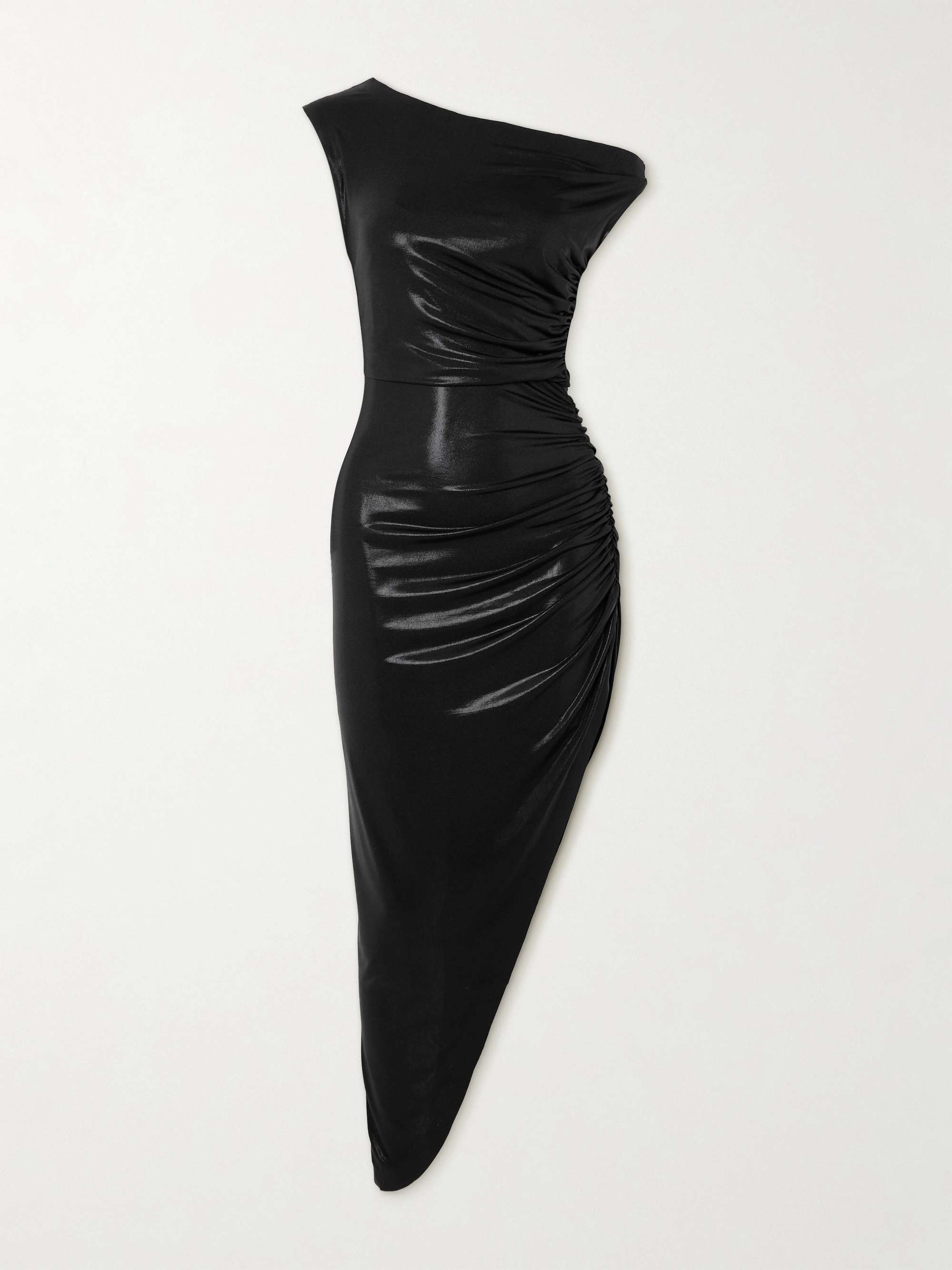 Off-the-shoulder asymmetric ruched stretch-lamé midi dress view