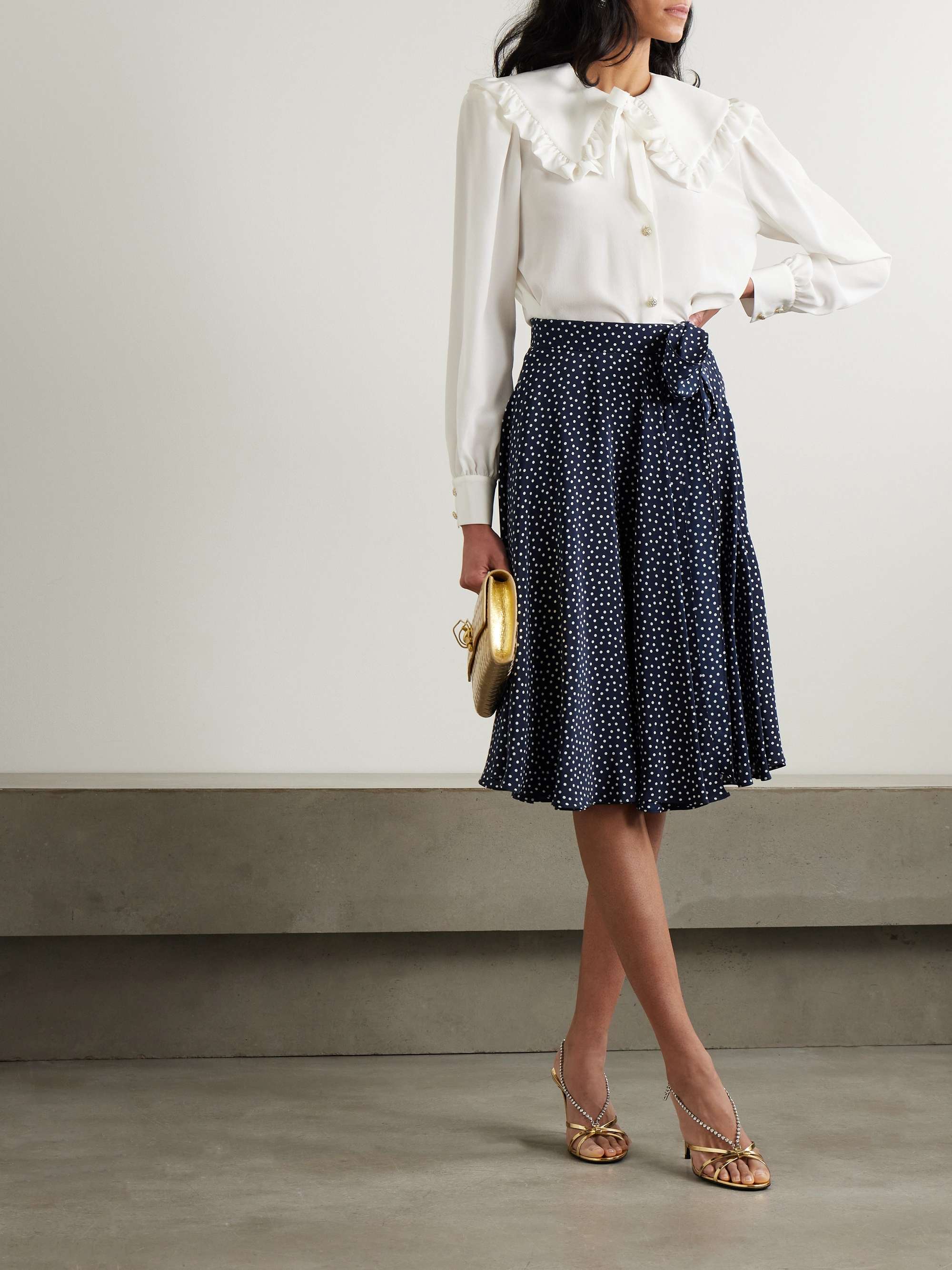 Pleated polka-dot silk crepe de chine midi wrap-effect skirt view