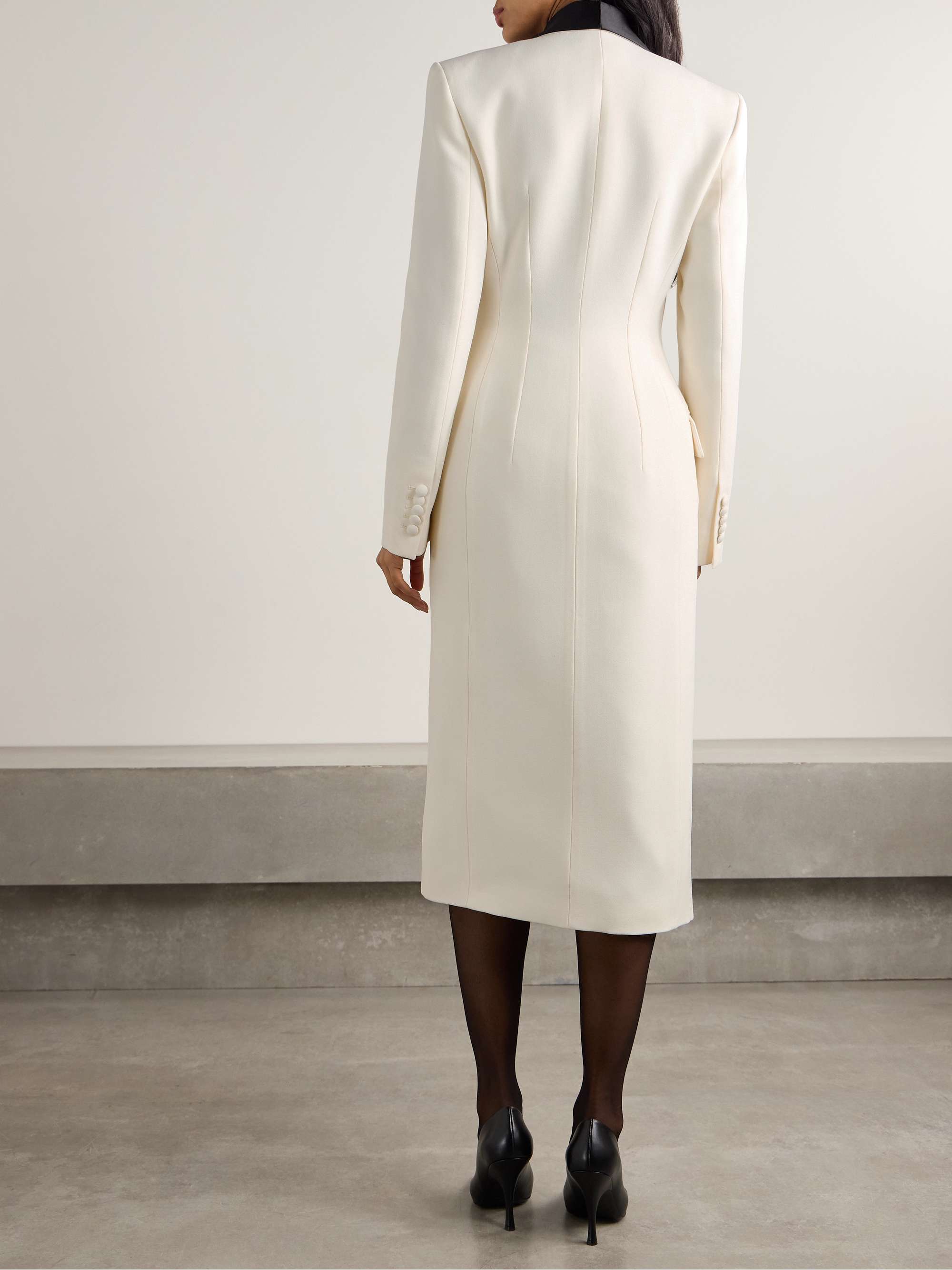 Double-breasted satin-trimmed wool-crepe midi dress view
