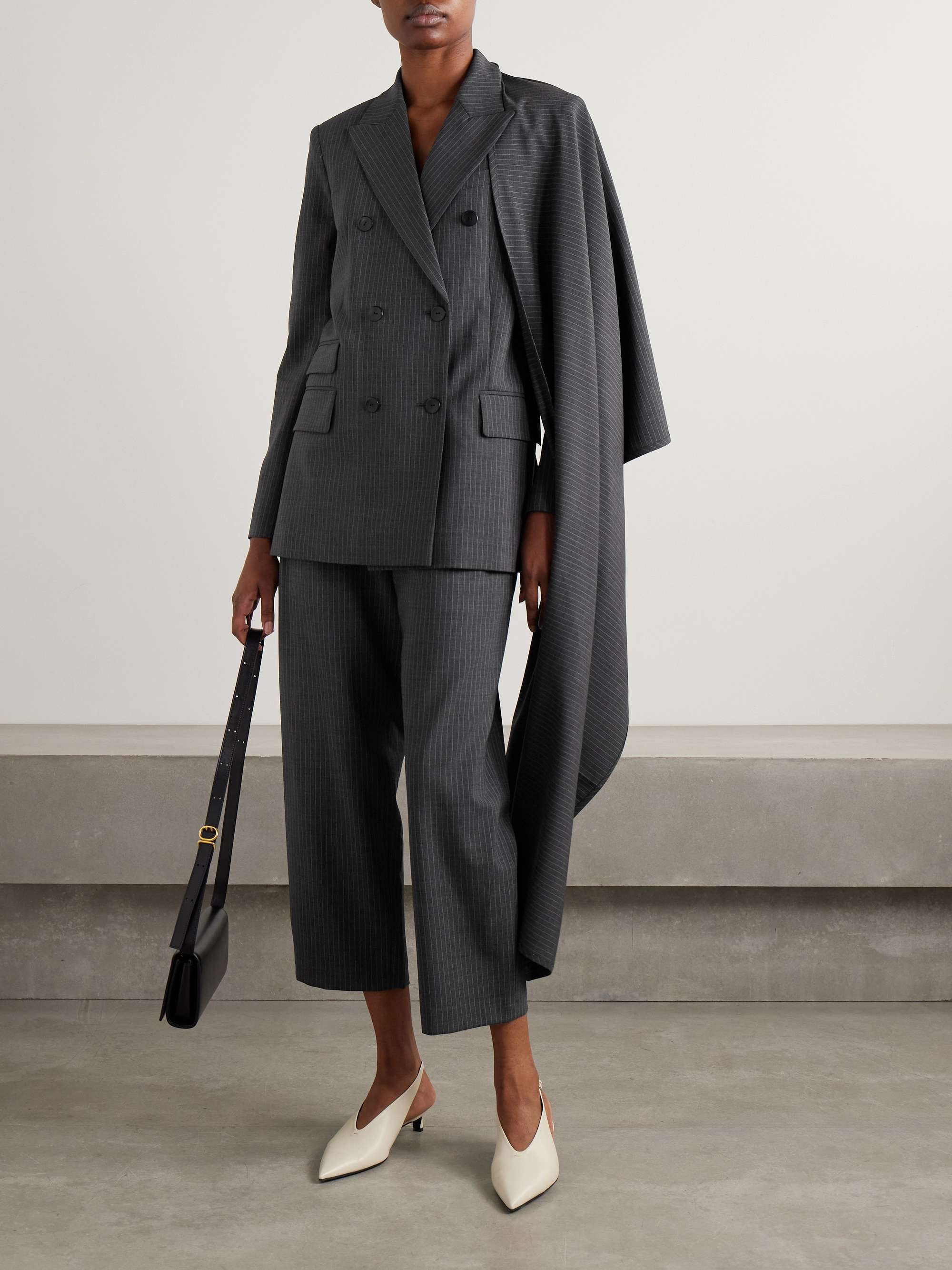Double-breasted draped pinstriped wool-blend blazer view