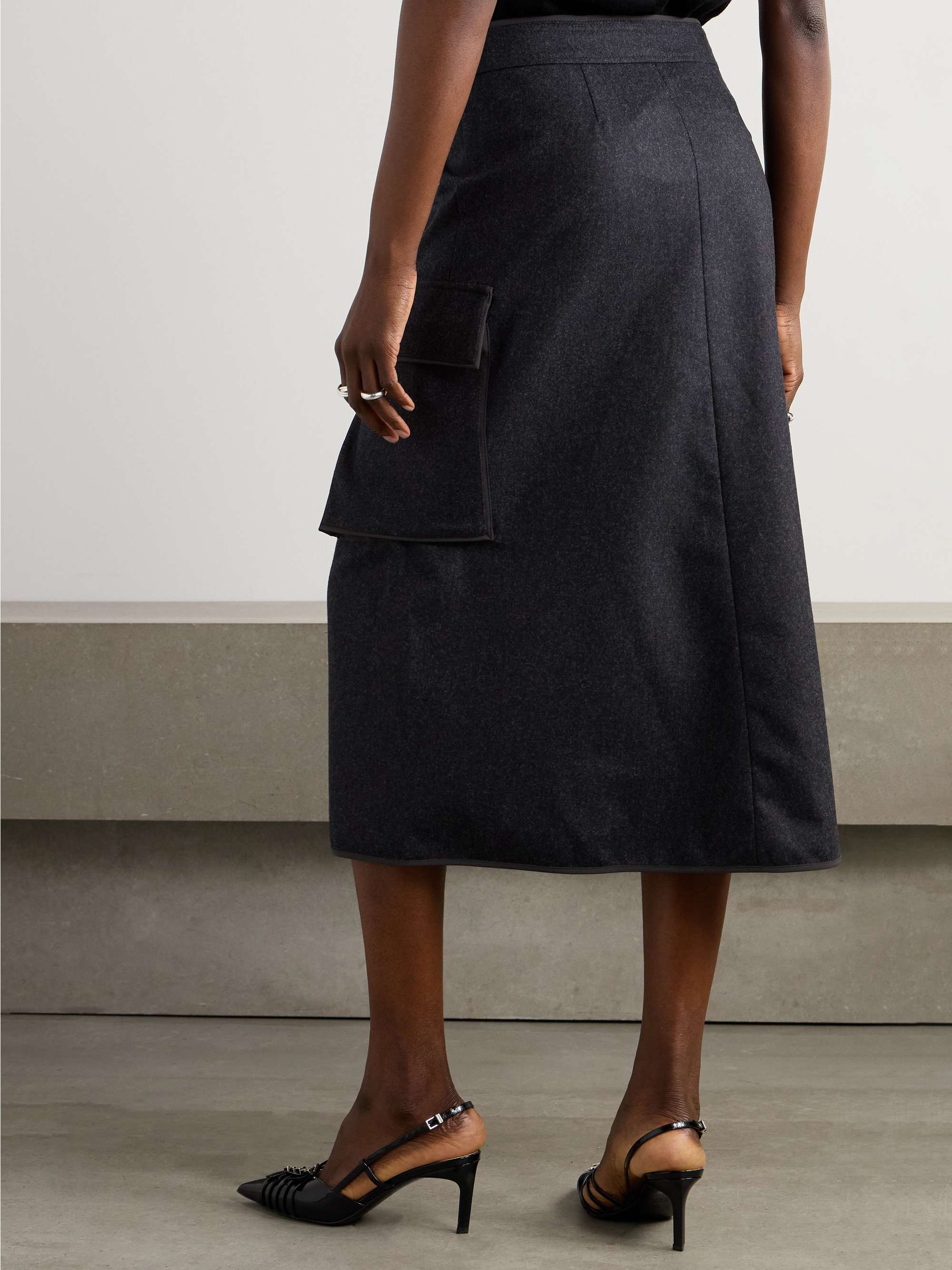 Shell-trimmed wool-felt wrap midi skirt view