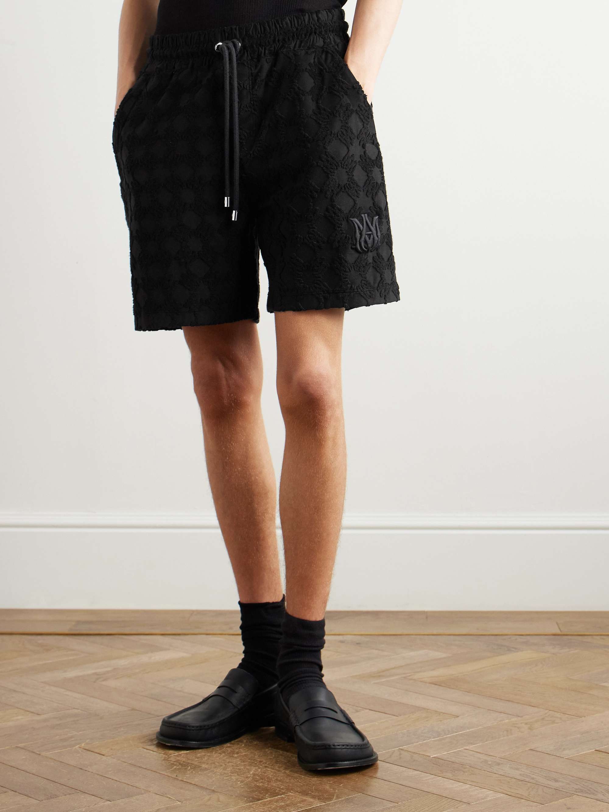 Straight-Leg Logo-Embroidered Cotton-Blend Terry-Jacquard Drawstring Shorts view