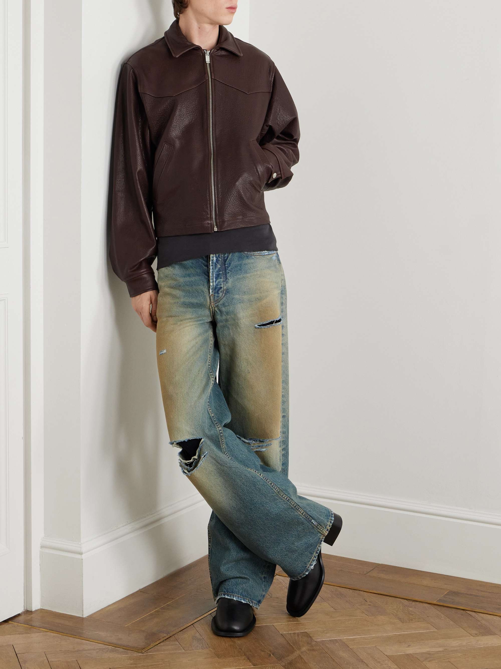 Distressed Textured and Pebble-Grain Leather Jacket view