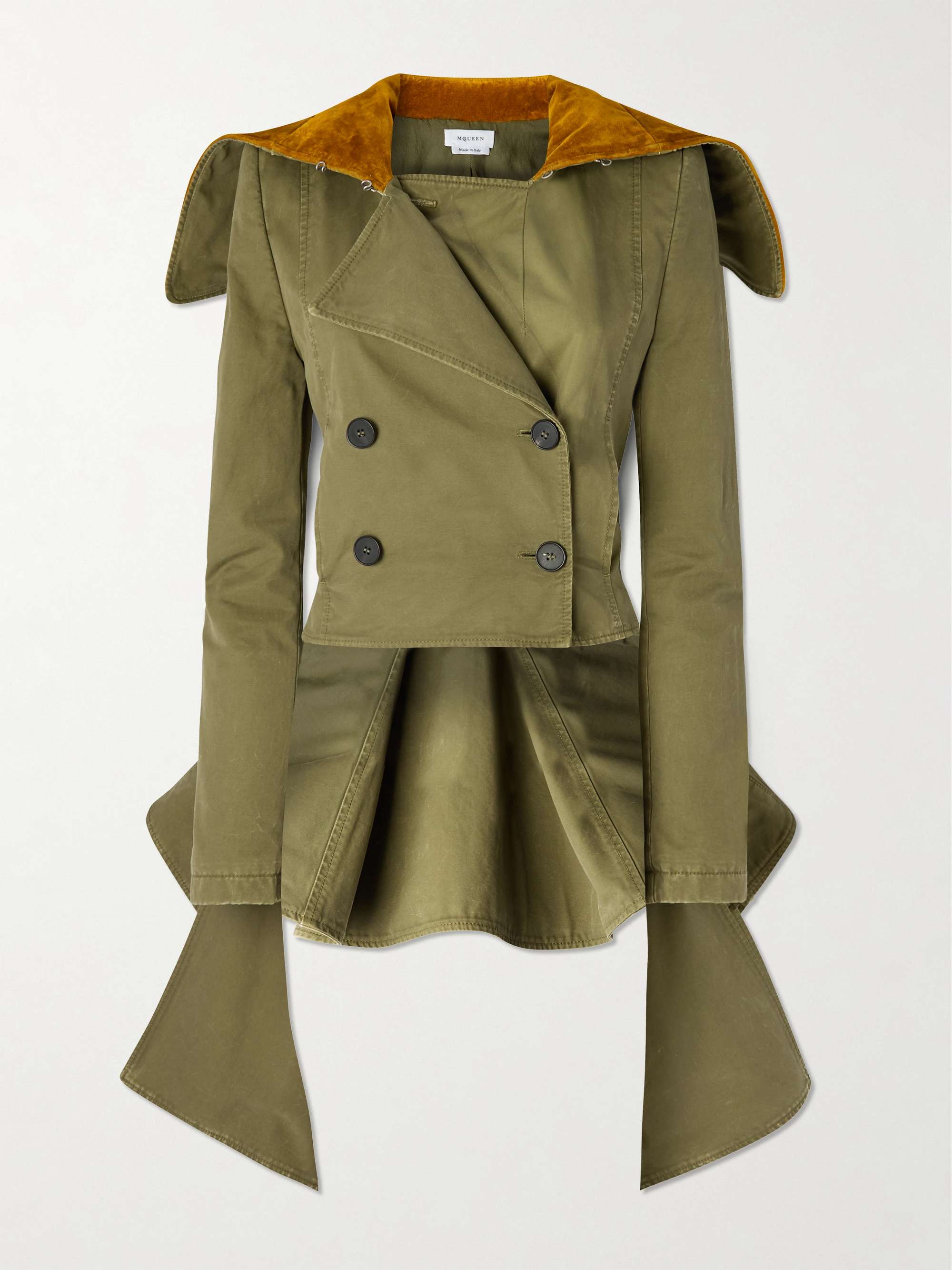 Asymmetric double-breasted cotton-twill and velvet jacket view
