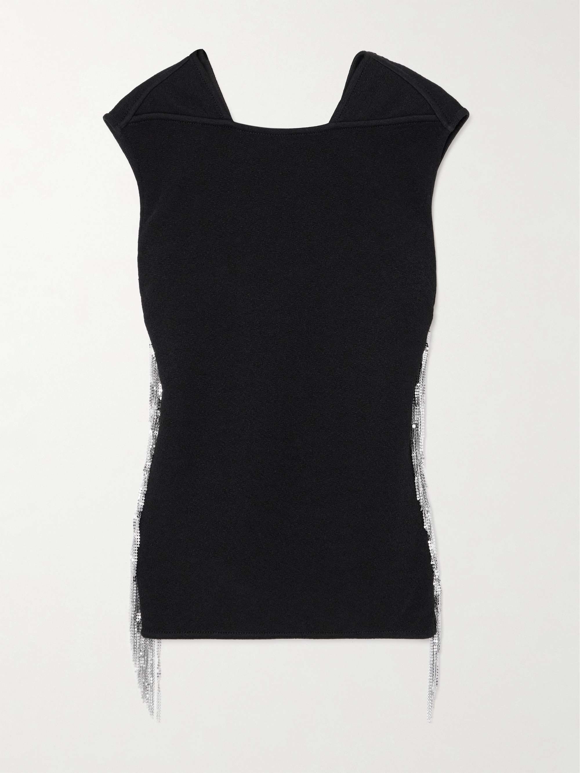Fringed open-back embellished ponte top view