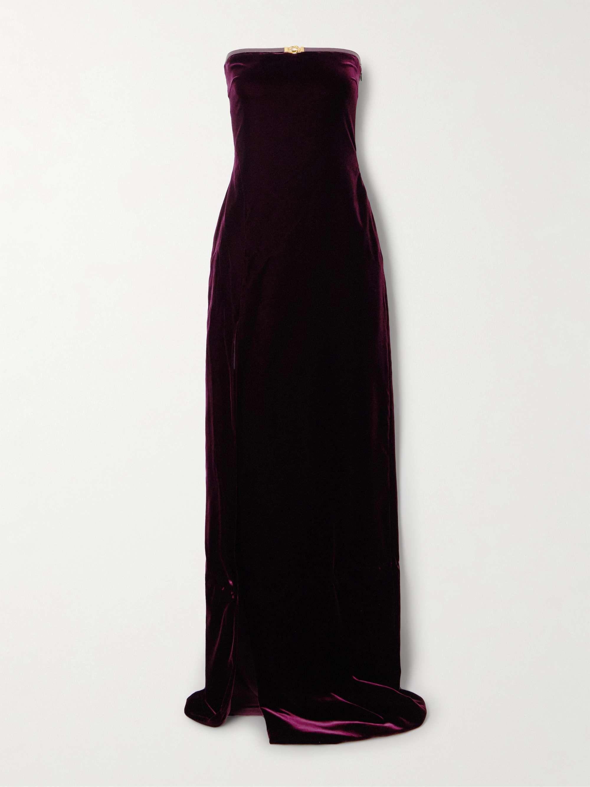 Strapless embellished leather-trimmed velvet gown view