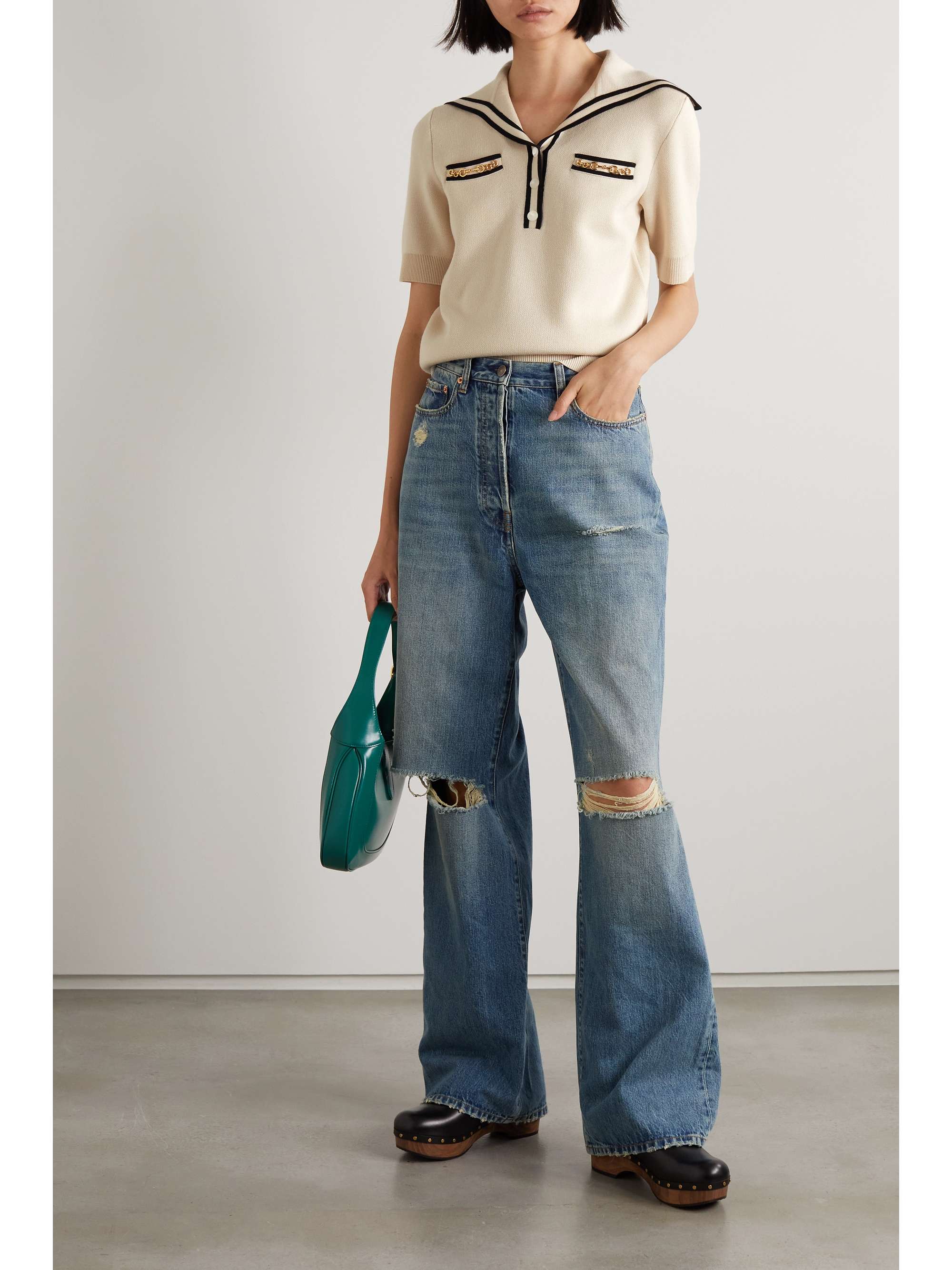 Embellished striped wool-piqué polo shirt view