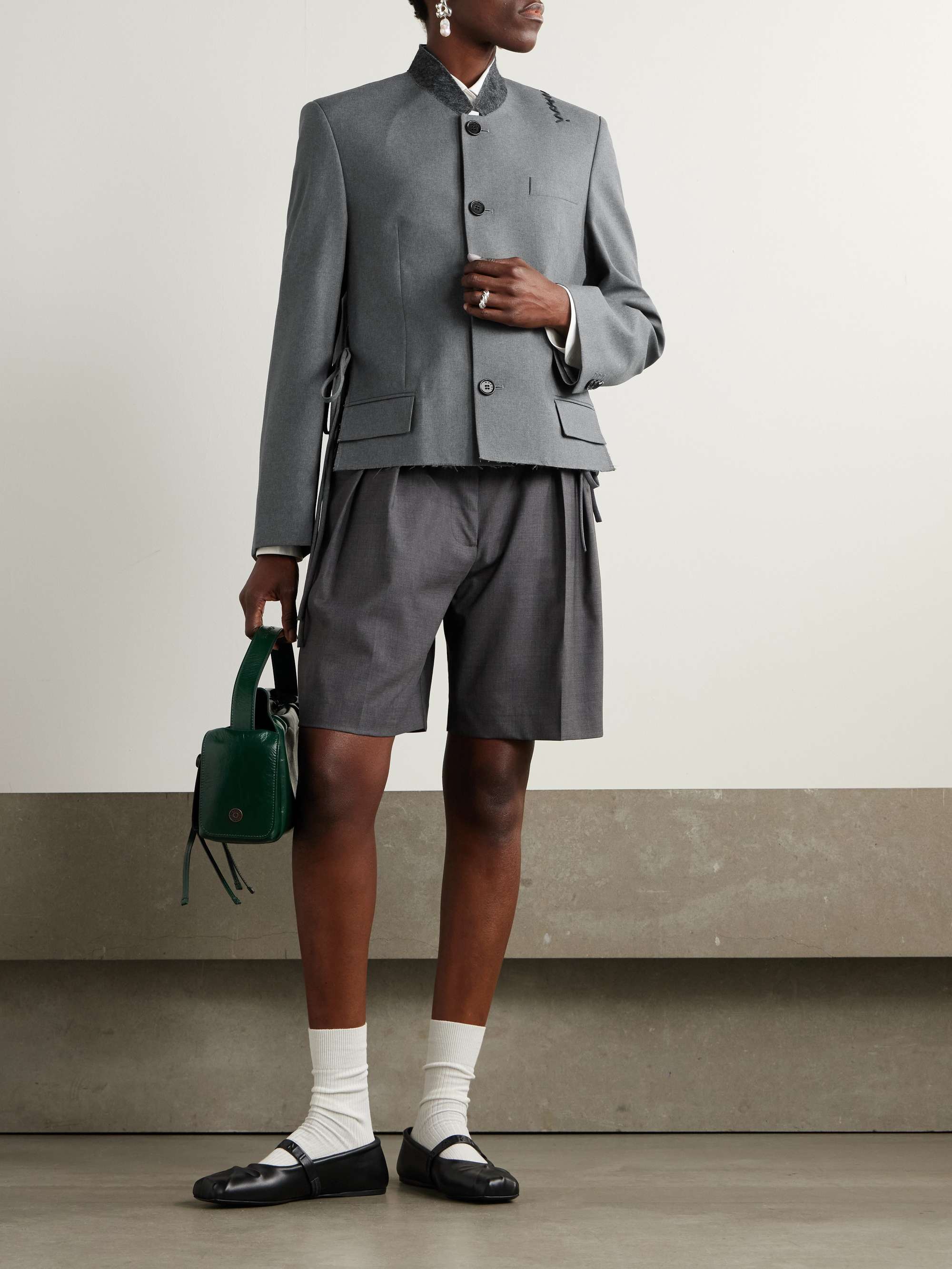 Felt-trimmed frayed embroidered wool jacket view