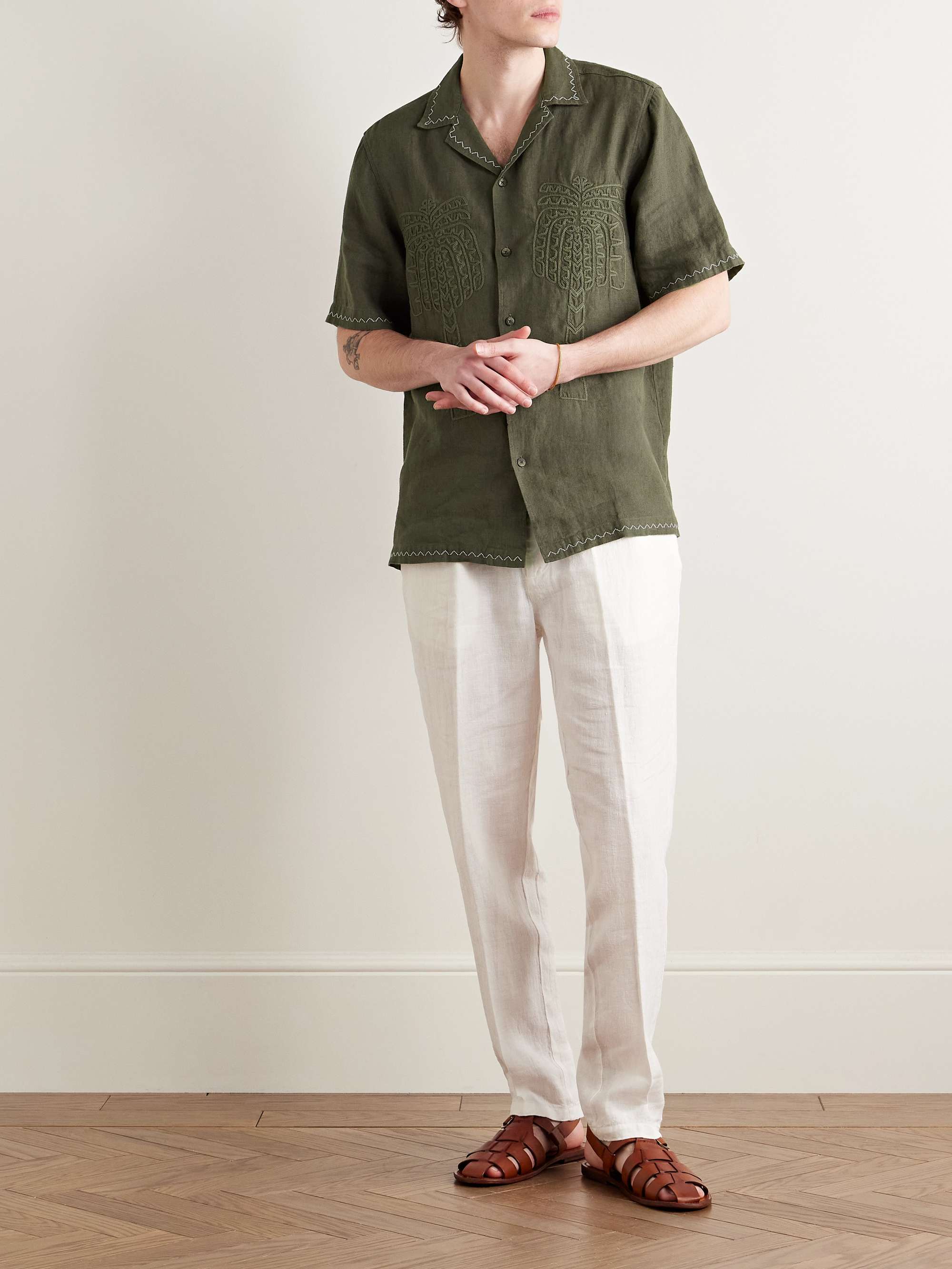 Flavio Camp-Collar Embroidered Linen Shirt view