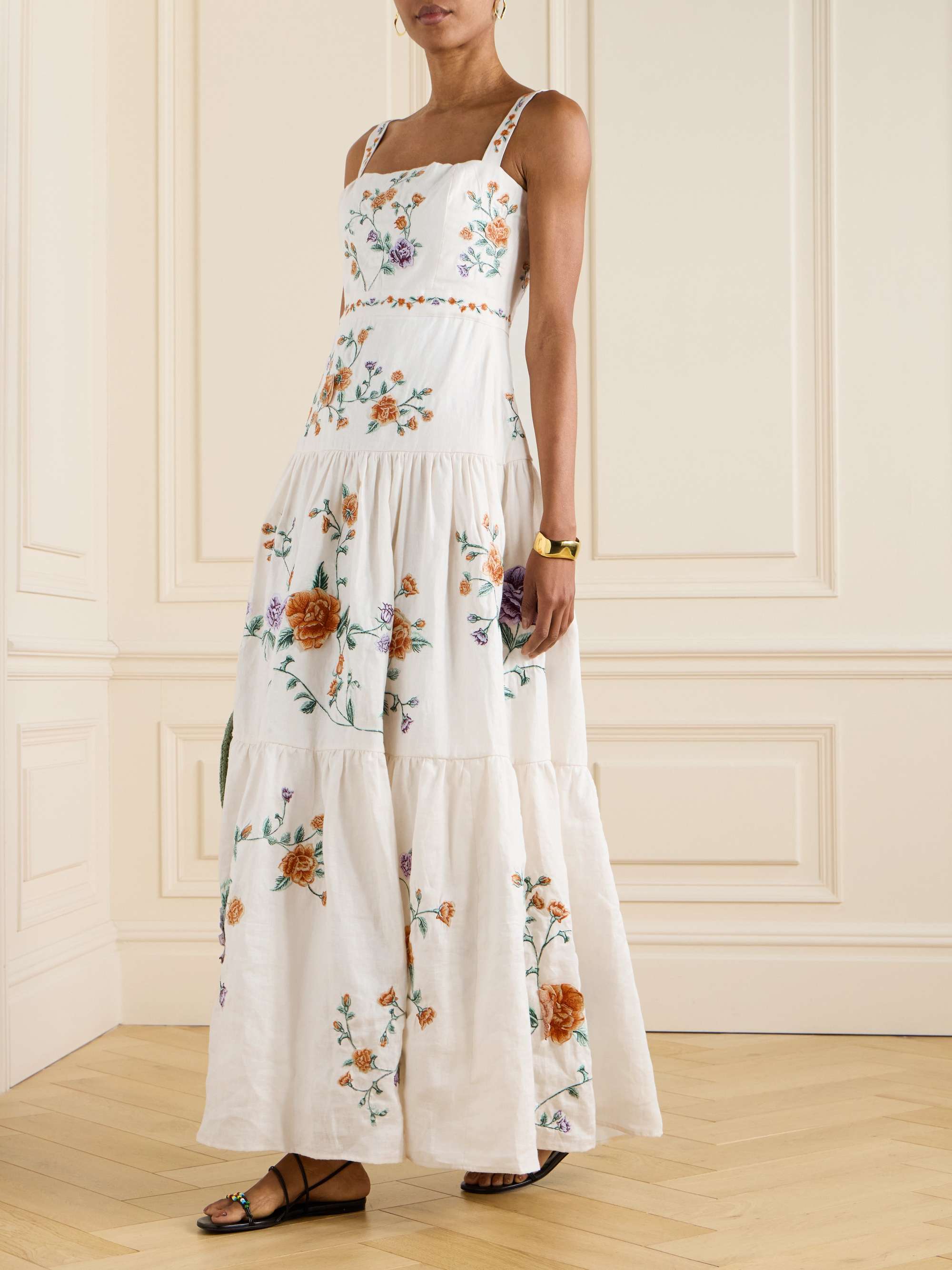 Lima tiered pleated embroidered linen maxi dress view