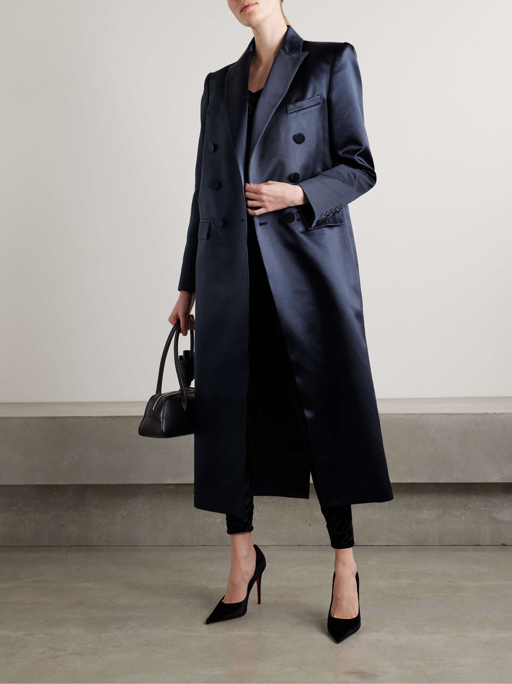 Double-breasted cotton and silk-blend satin coat view