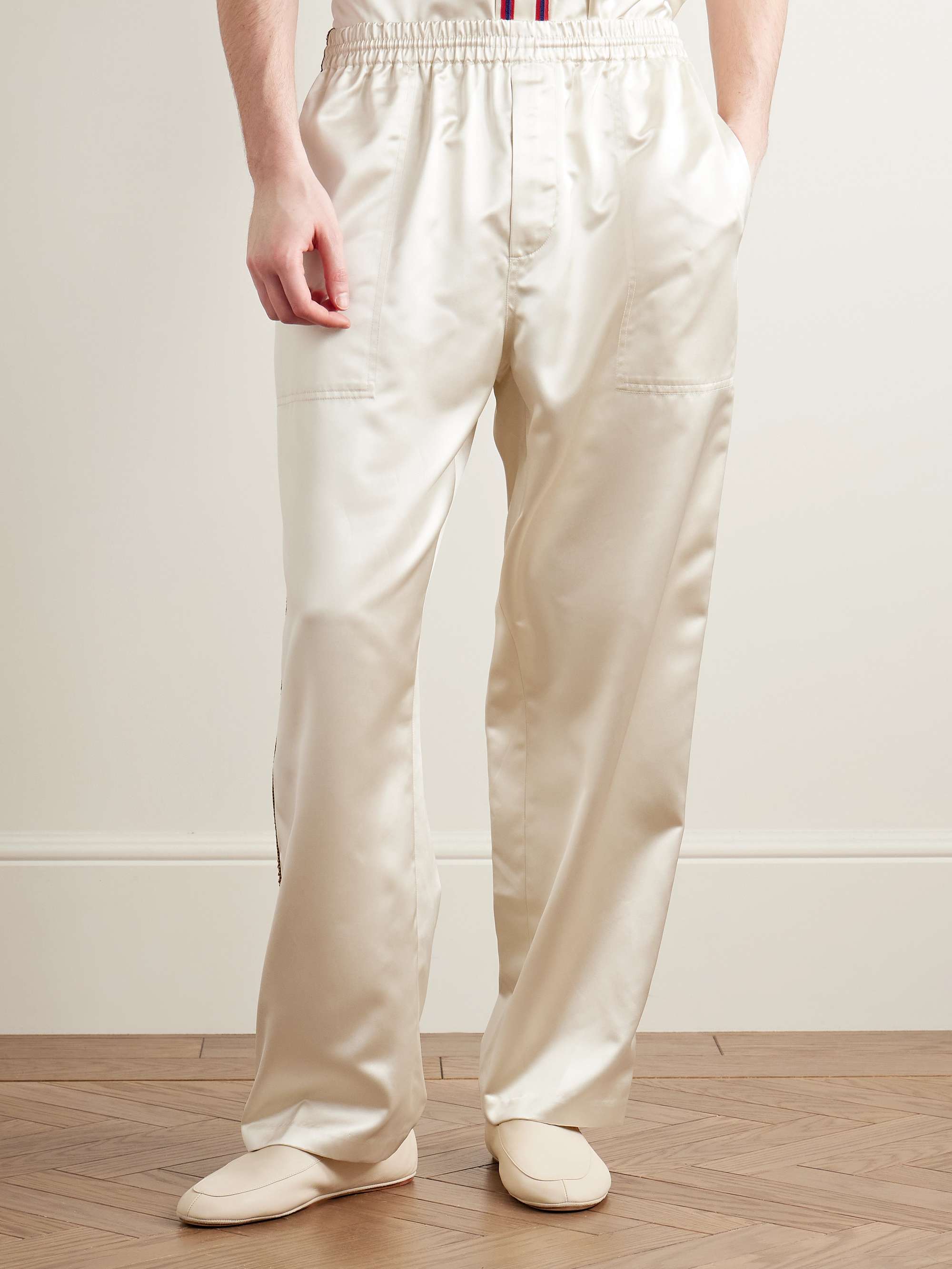 Candyfloss Straight-Leg Embroidered Voile-Trimmed Satin Track Pants view