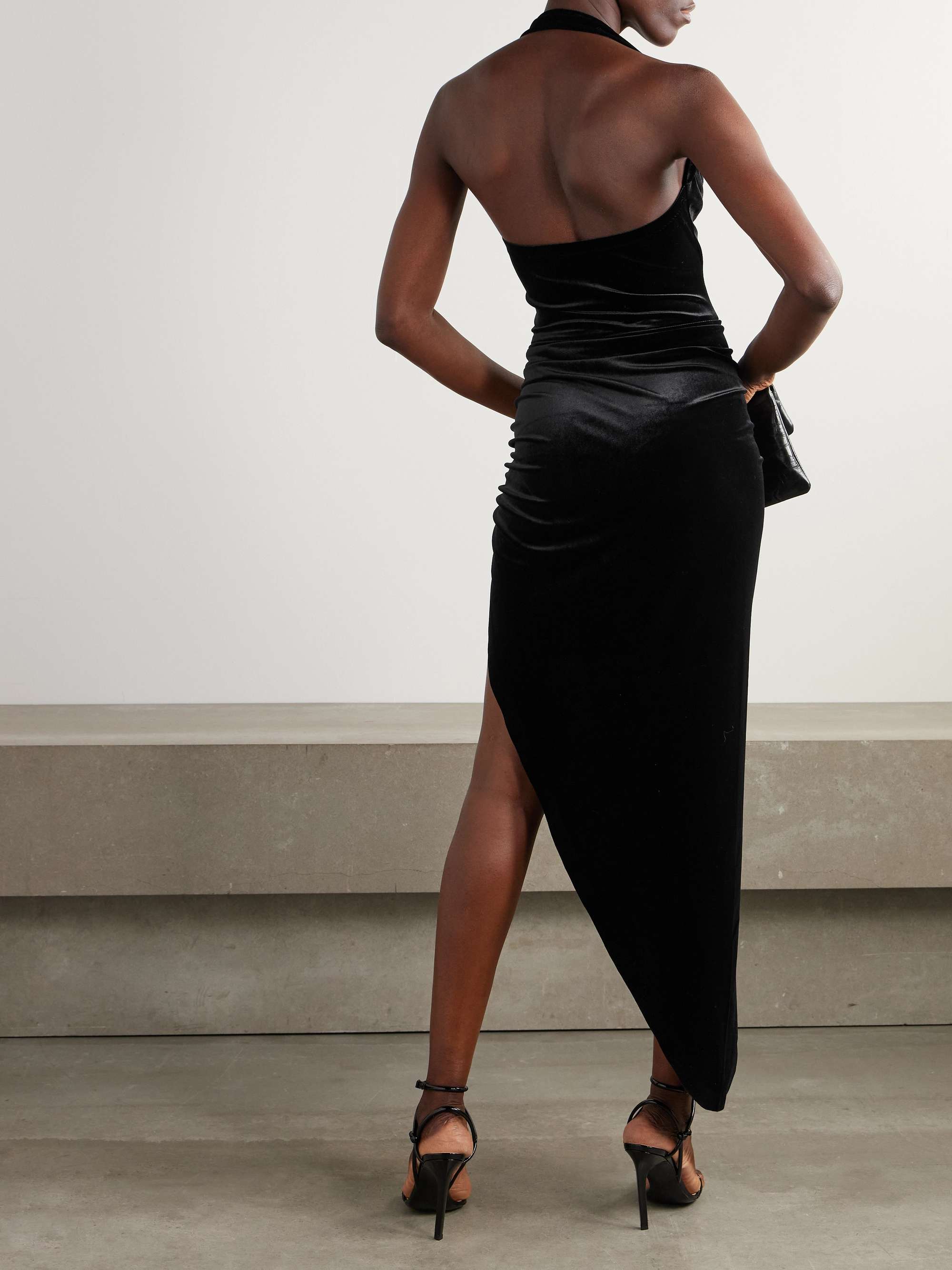 Cayla asymmetric ruched velvet halterneck gown view