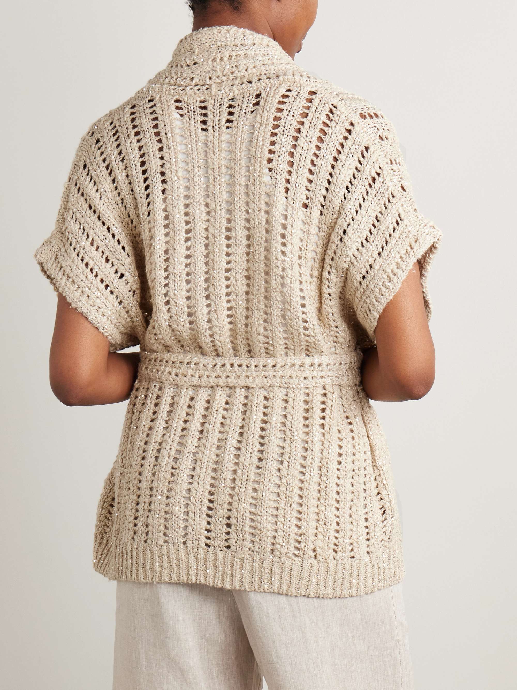 Belted sequined open-knit cardigan view
