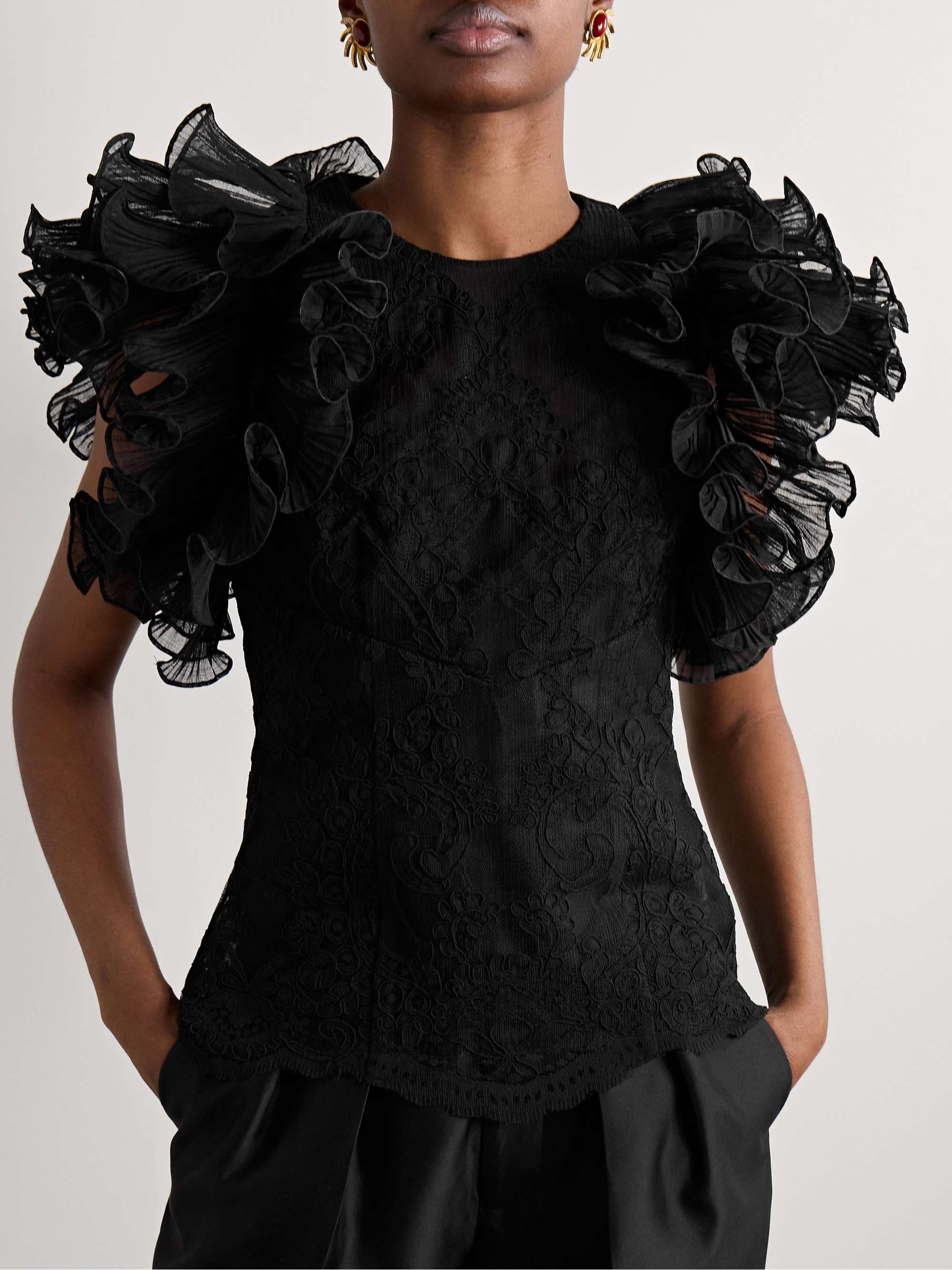 Crush ruffled plissé-tulle and corded lace top view