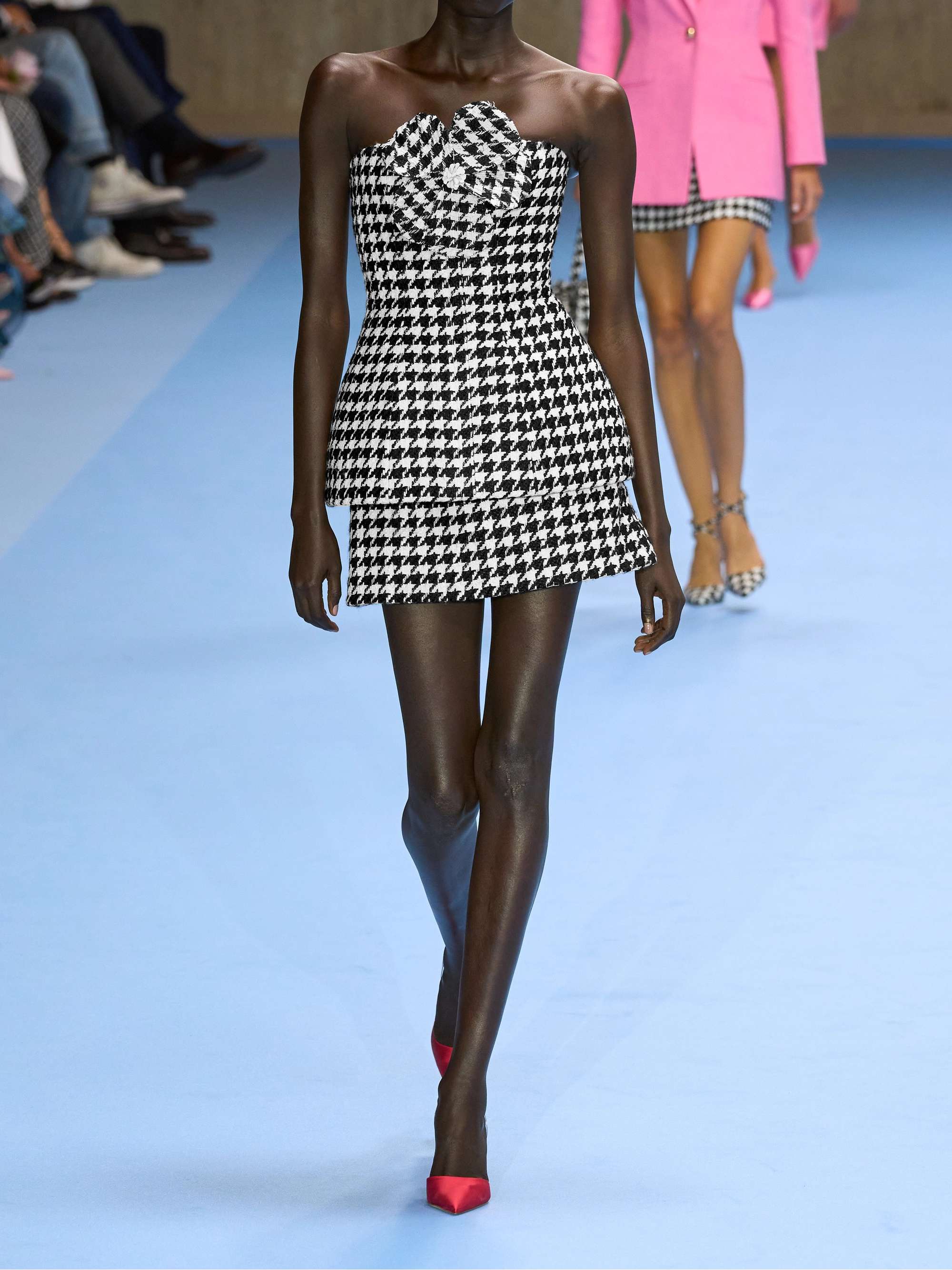 Strapless appliquéd houndstooth tweed peplum top view