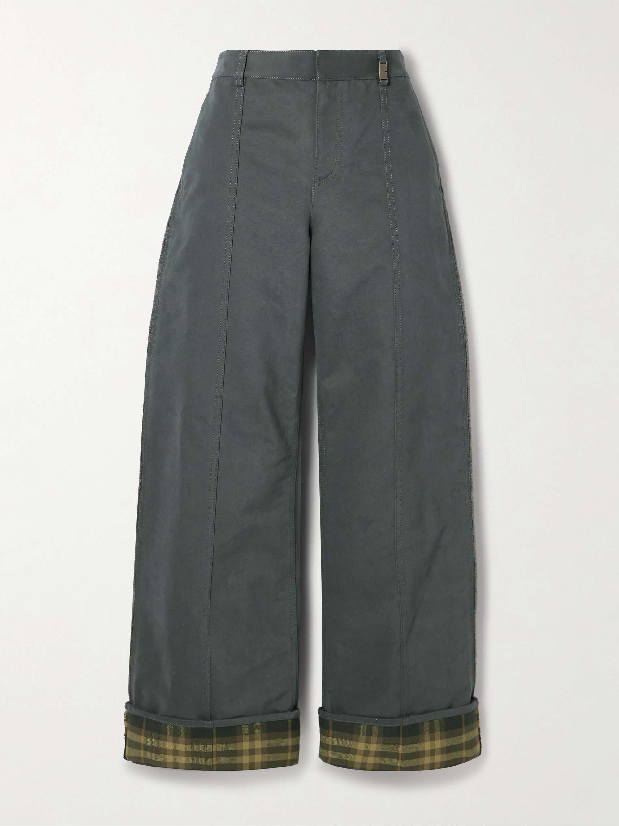 Checked twill-trimmed brushed cotton-blend wide-leg pants view