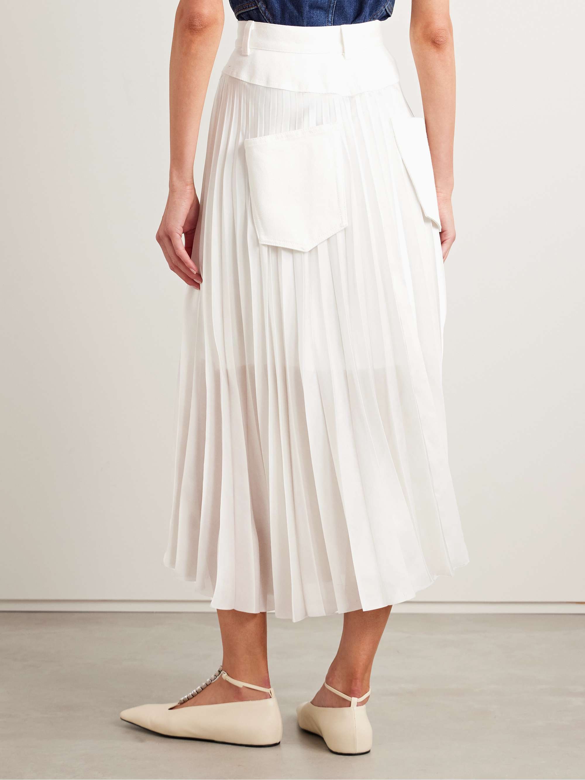 Belted denim-trimmed pleated satin midi wrap skirt view