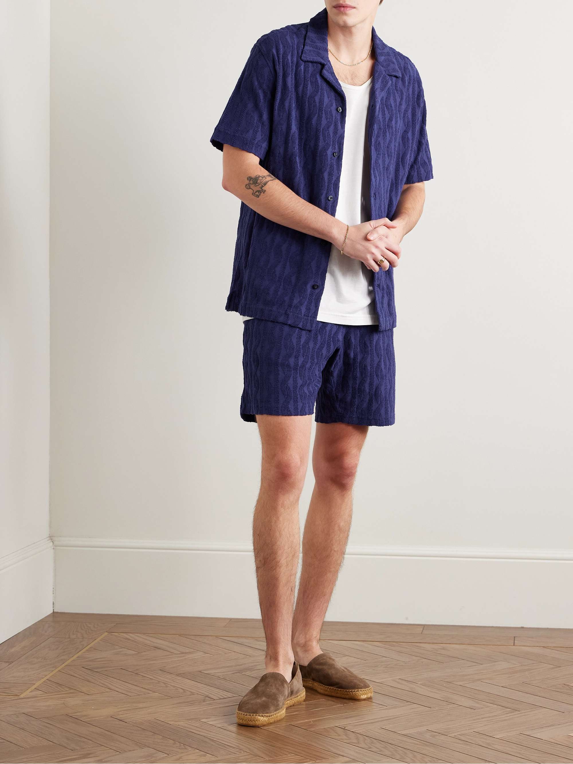 Augusto Straight-Leg Jacquard-Knit Organic Cotton-Terry Drawstring Shorts view