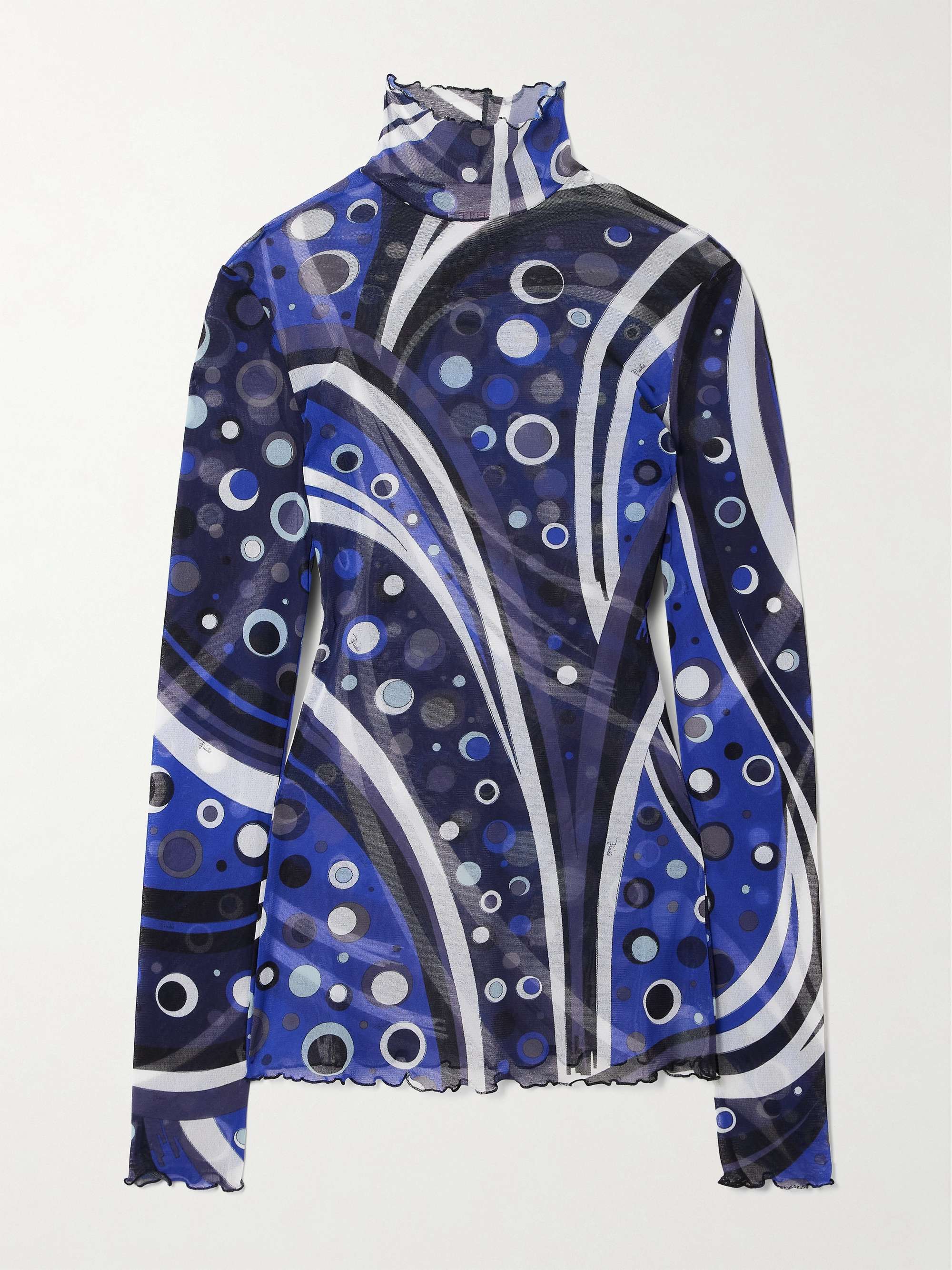 Printed tulle turtleneck top view