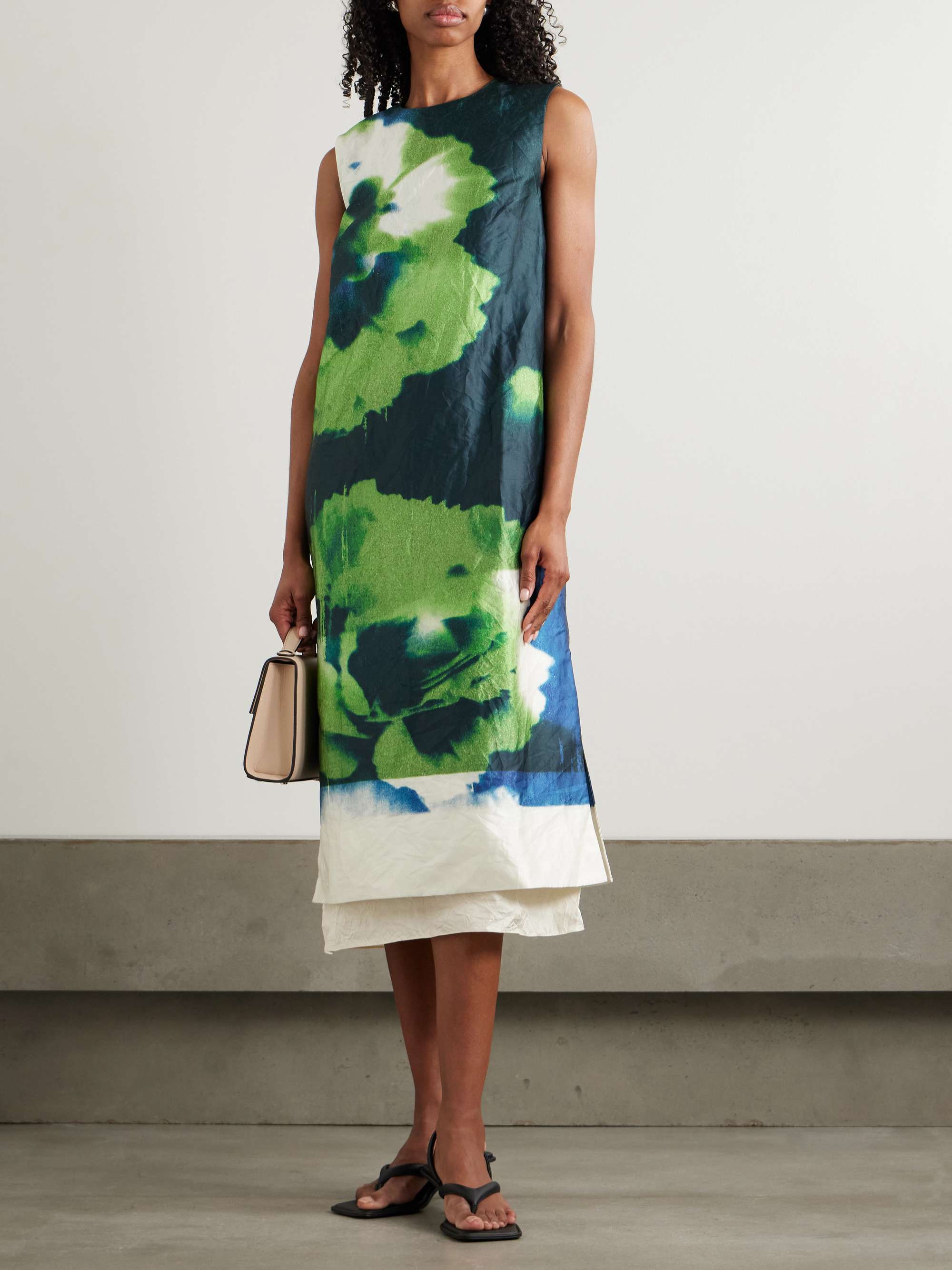 Printed crinkled-satin midi dress view