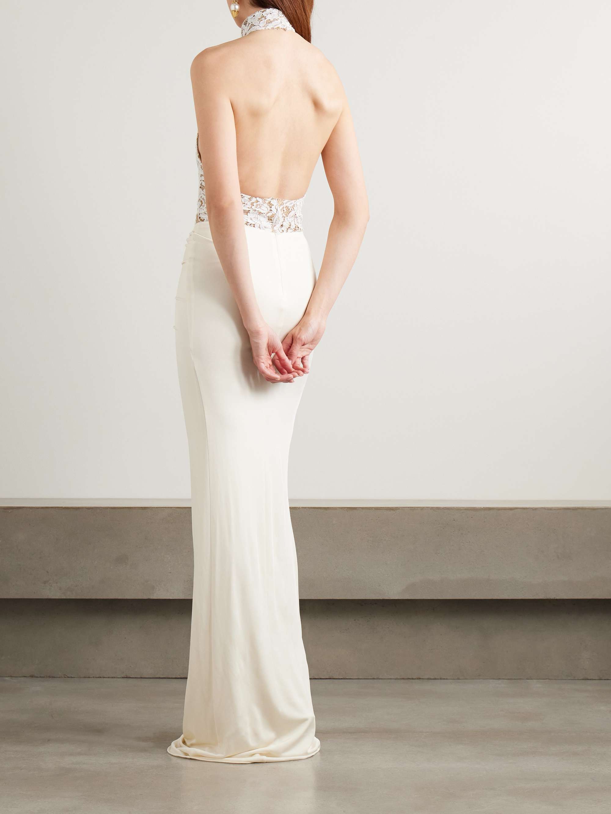 Cass gathered lace-trimmed satin-jersey halterneck gown view