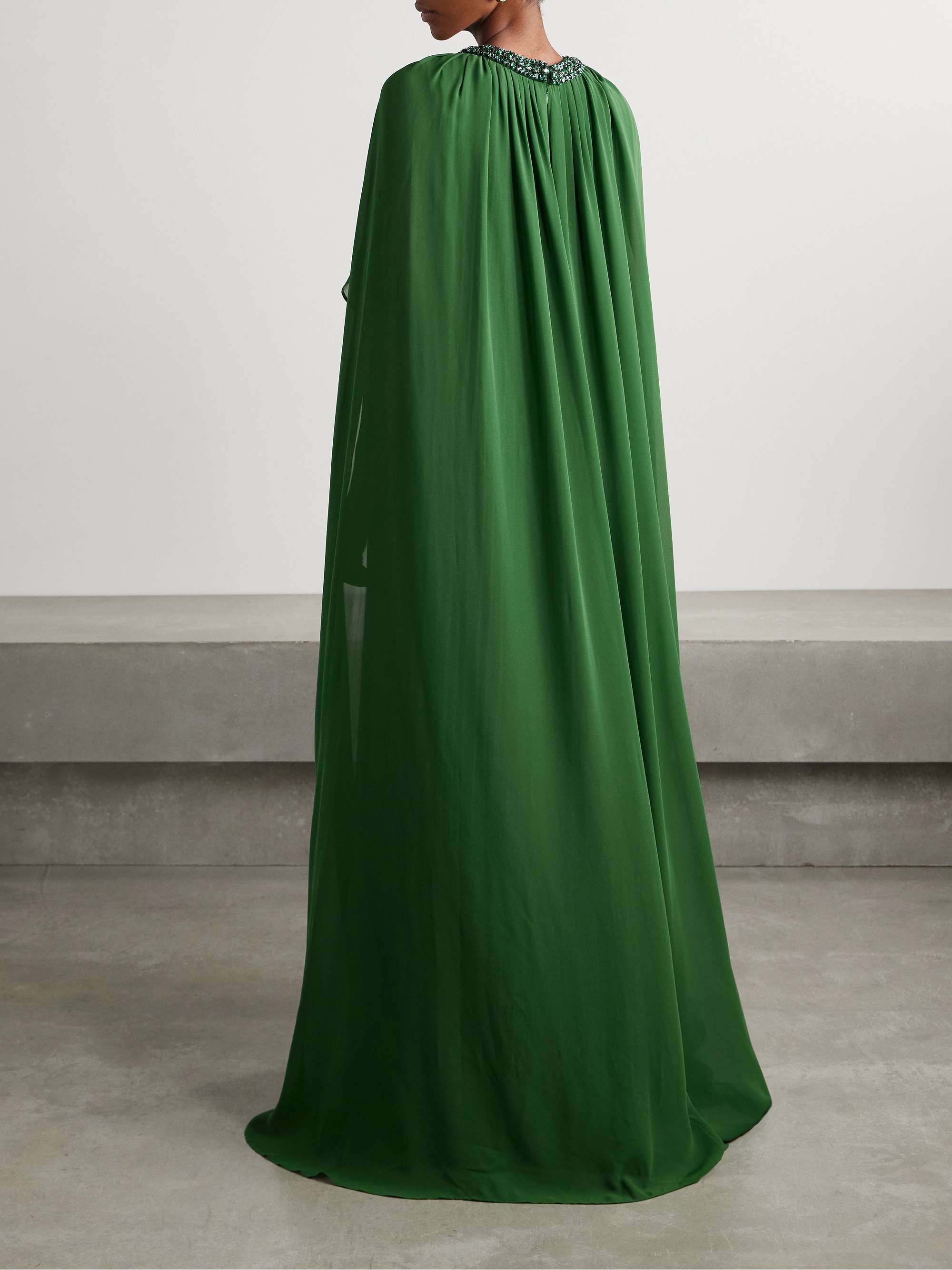 Cape-effect crystal-embellished plissé-chiffon gown view