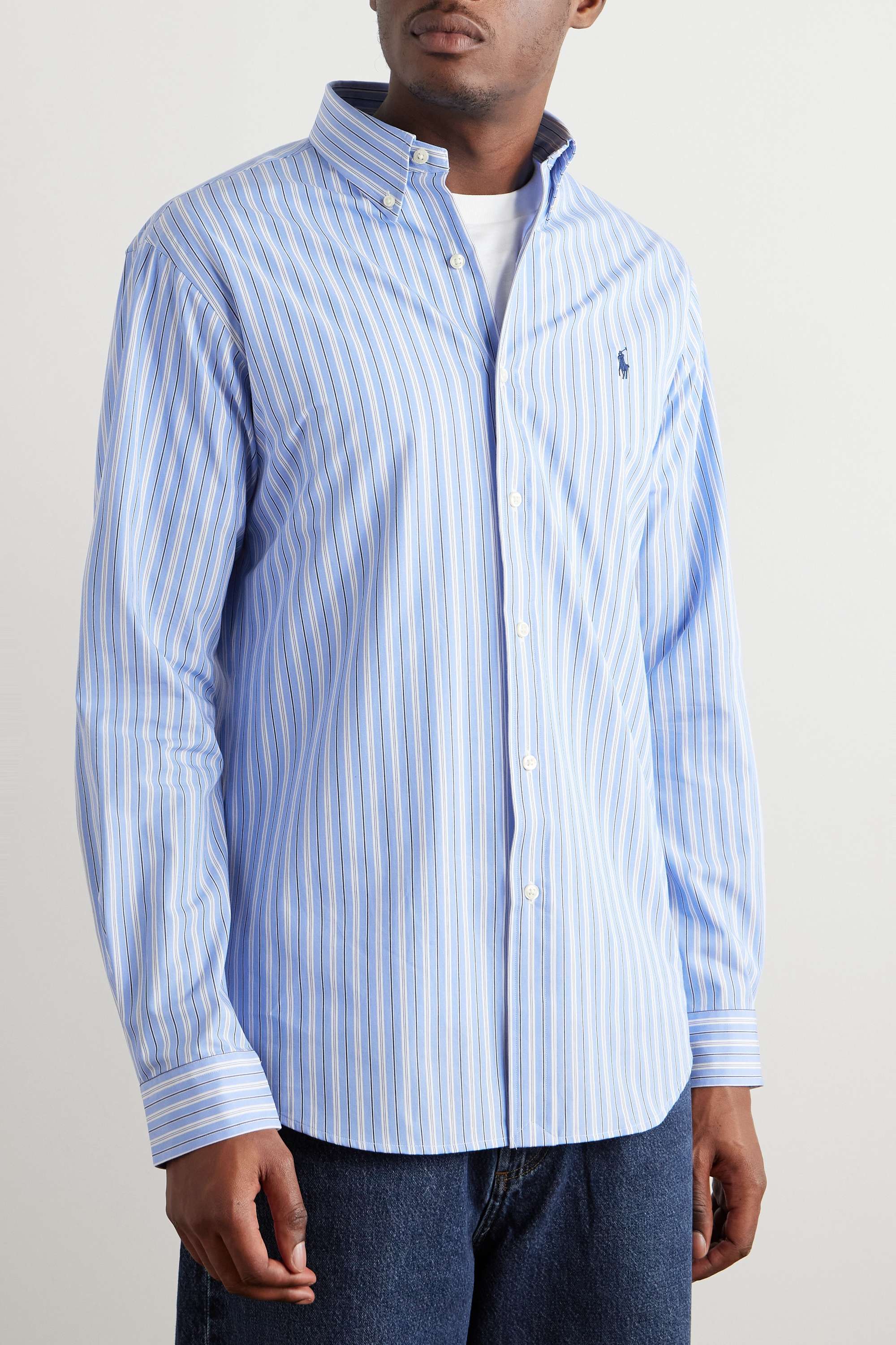 Button-Down Collar Logo-Embroidered Striped Cotton-Blend Shirt view