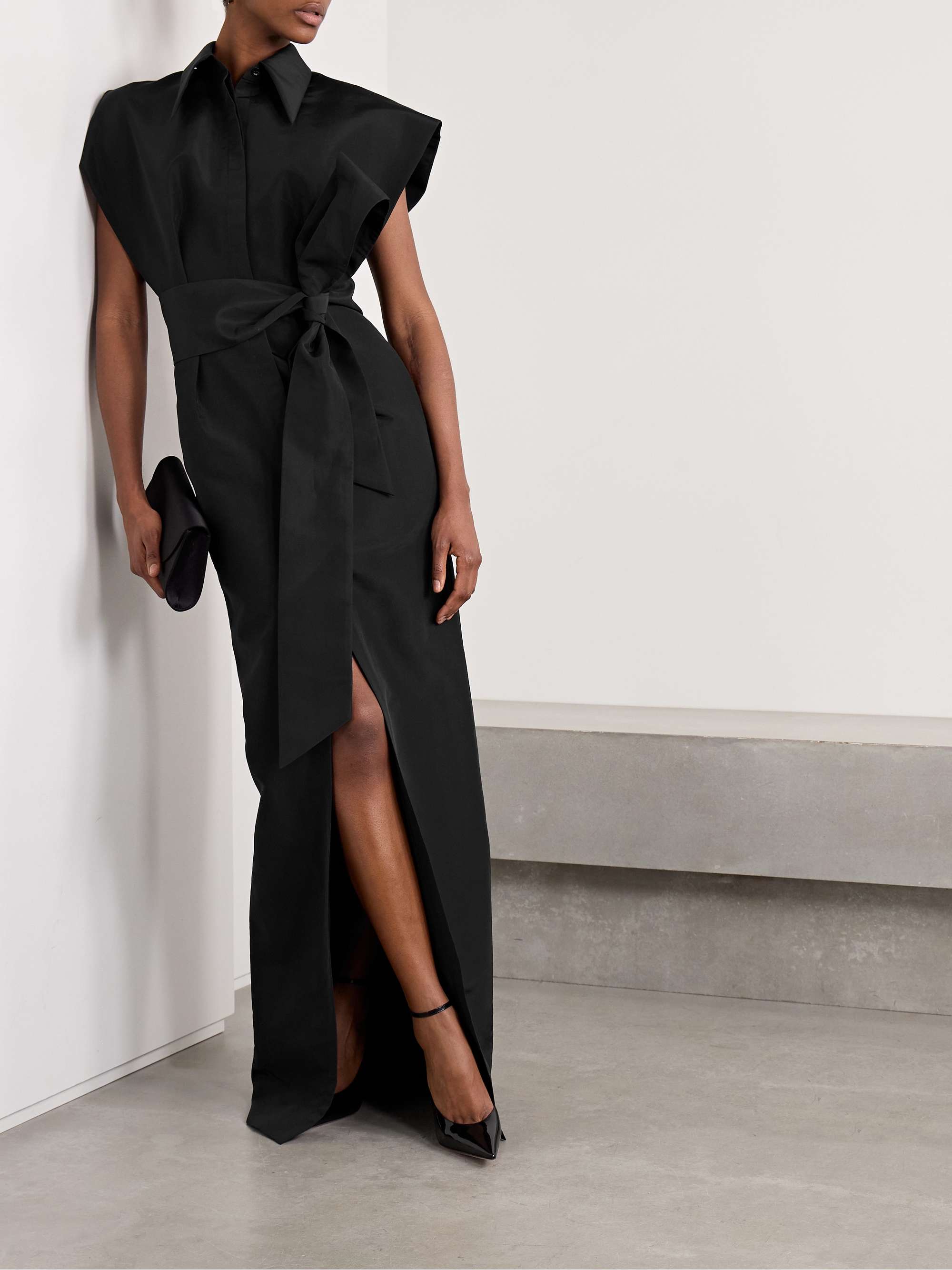 Belted pleated silk-faille gown view
