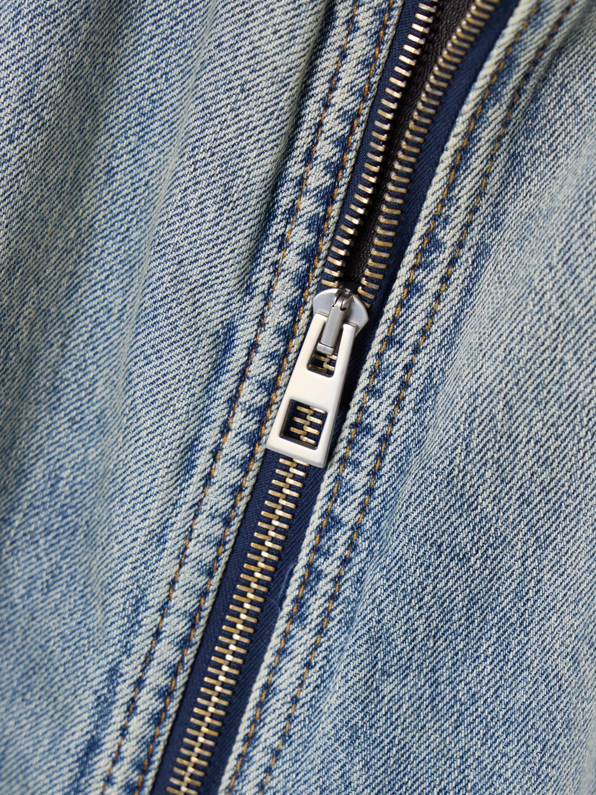 Leather-trimmed denim bomber jacket view