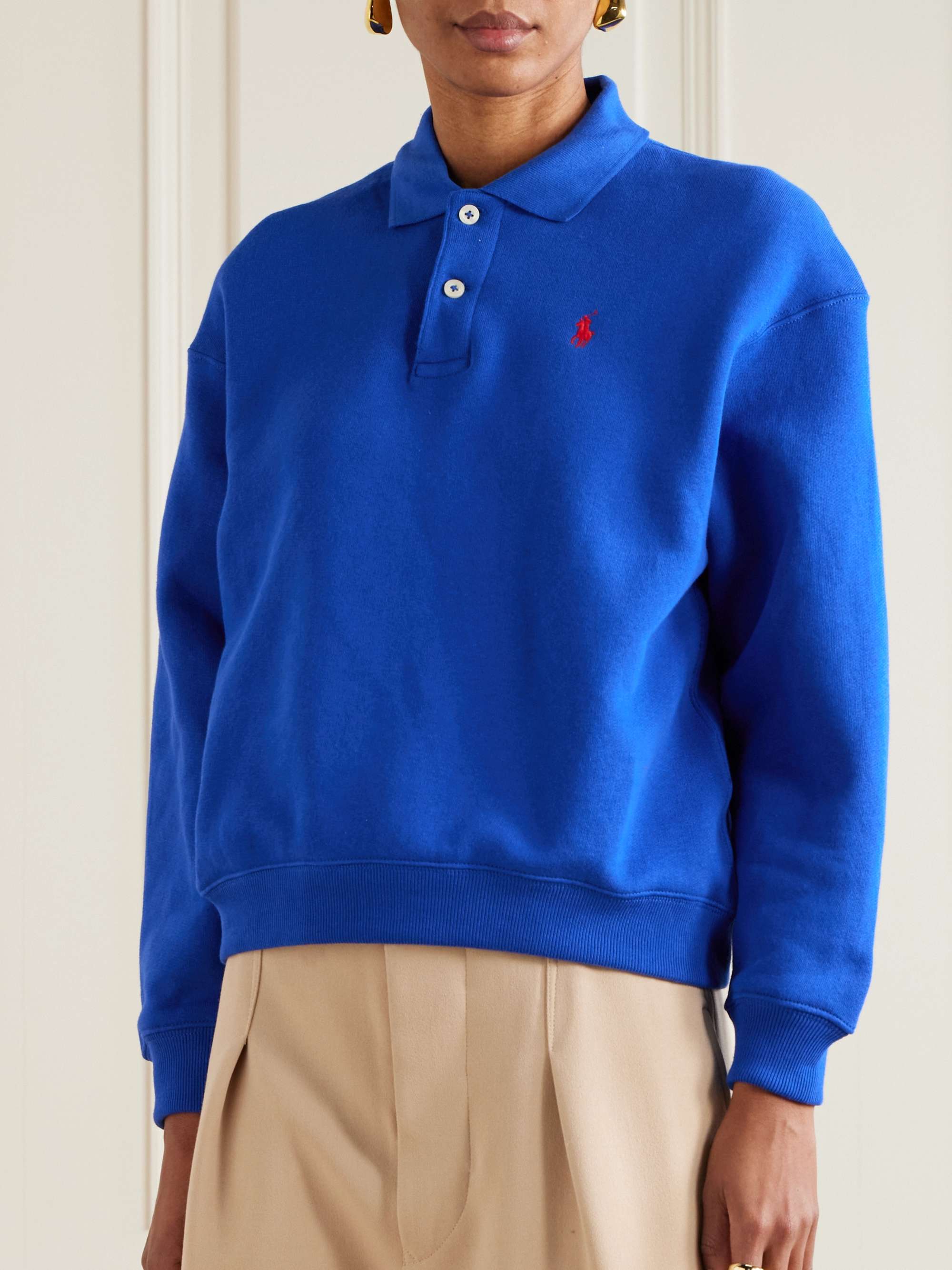 Embroidered cotton-blend jersey polo sweatshirt view