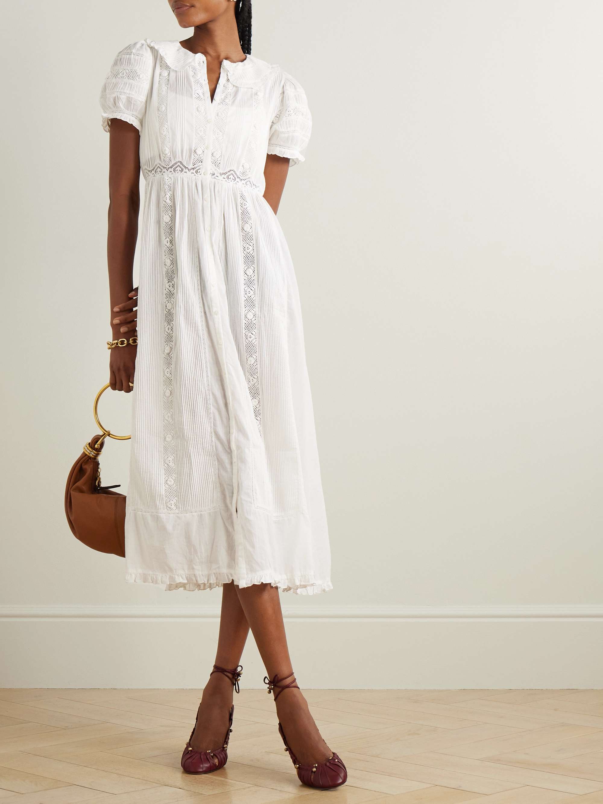 Phoebe lace-trimmed pintucked organic cotton-voile midi shirt dress view
