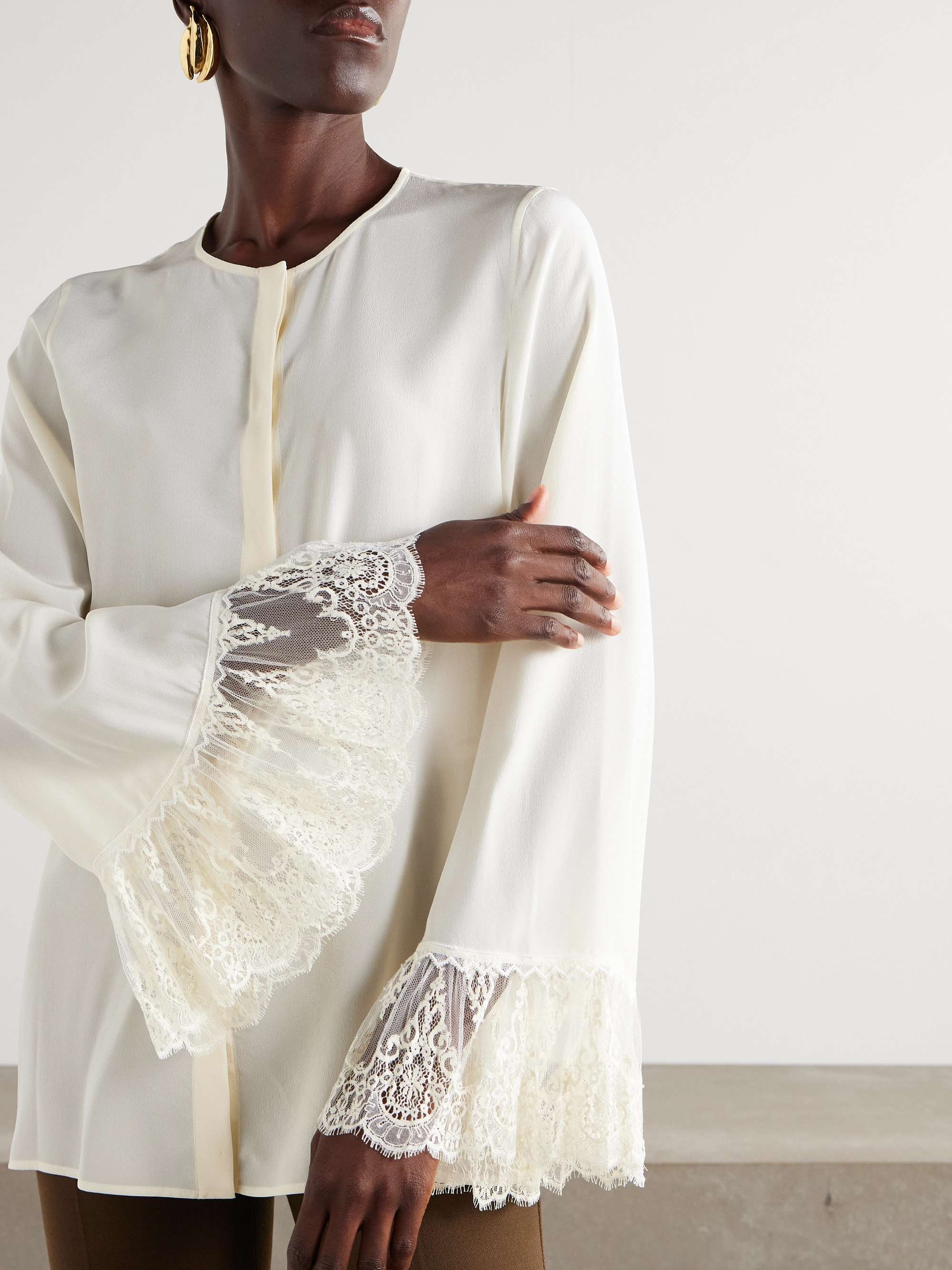 Lace-trimmed silk crepe de chine shirt view