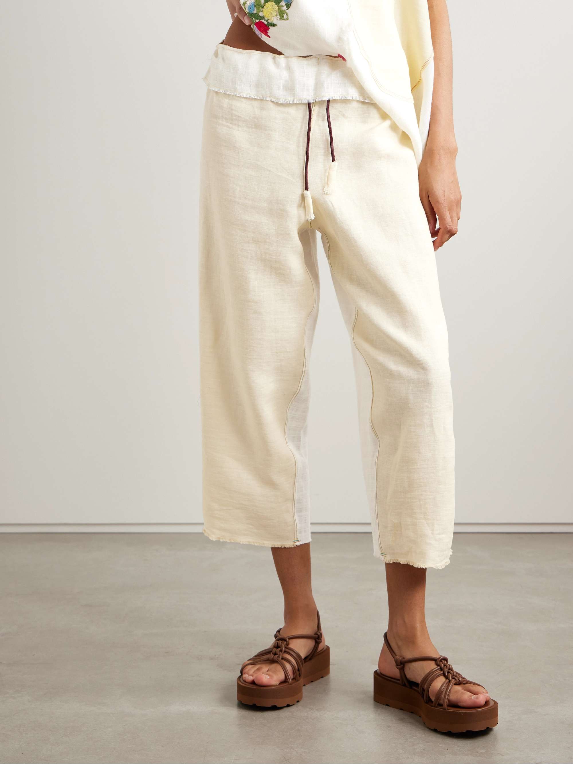Cropped paneled appliquéd linen wide-leg pants view
