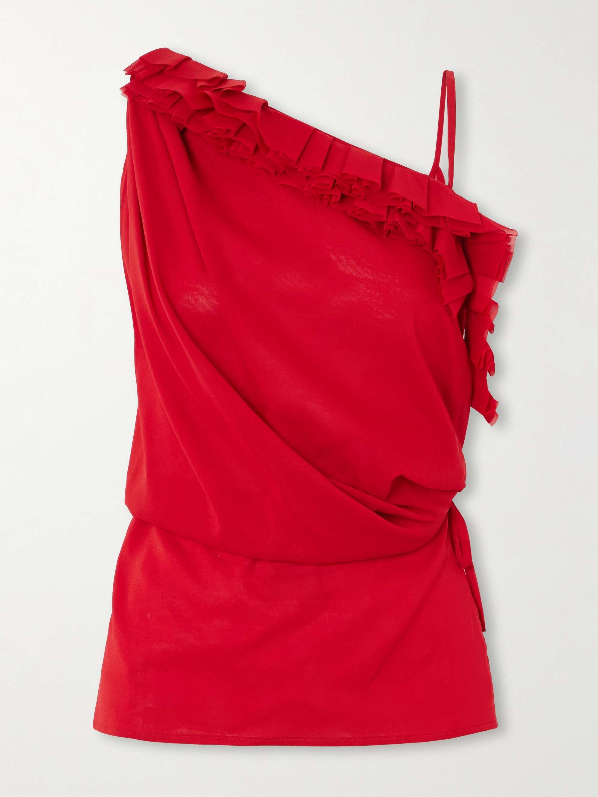 Asymmetric ruffled silk-blend wrap top view