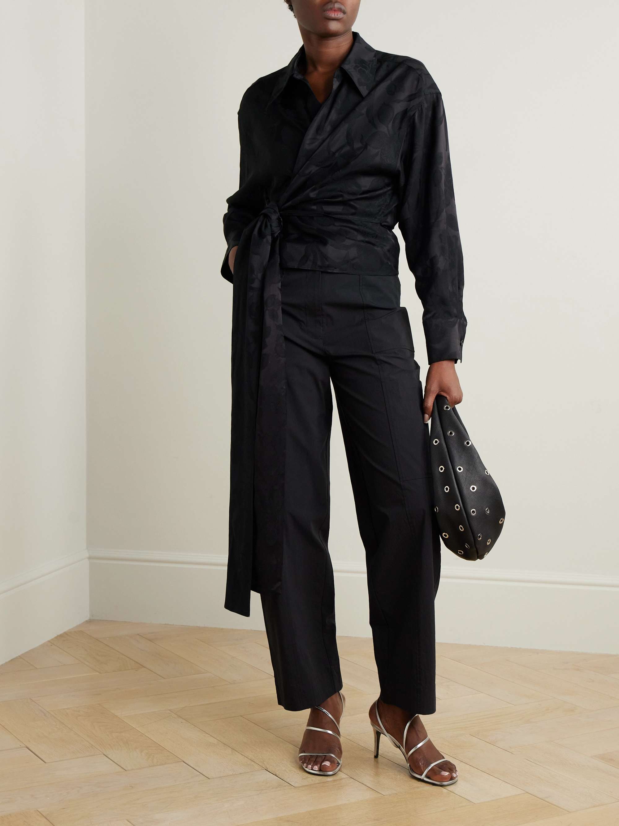 Floral satin-jacquard wrap shirt view