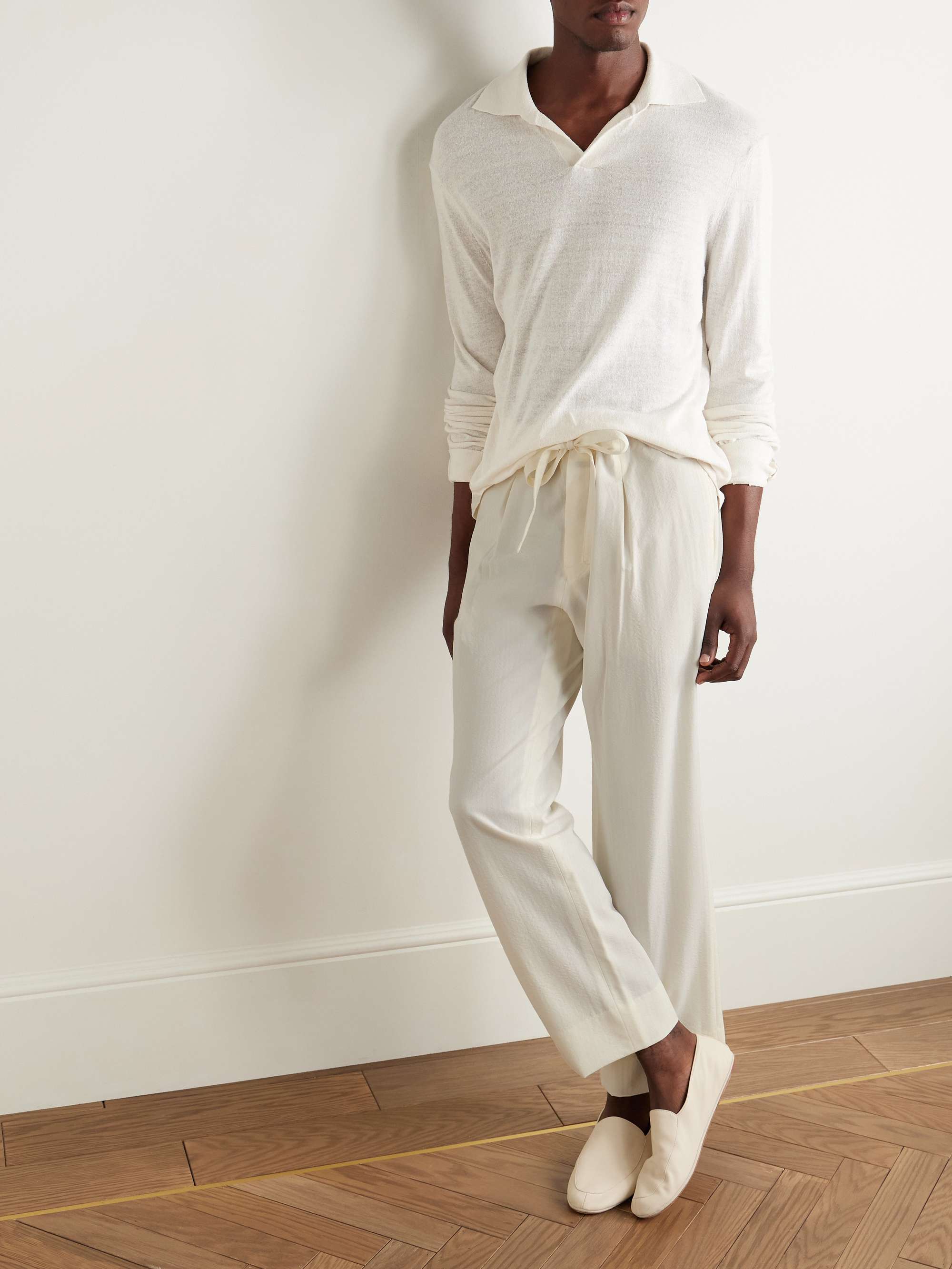 Straight-Leg Pleated Wool-Seersucker Drawstring Trousers view